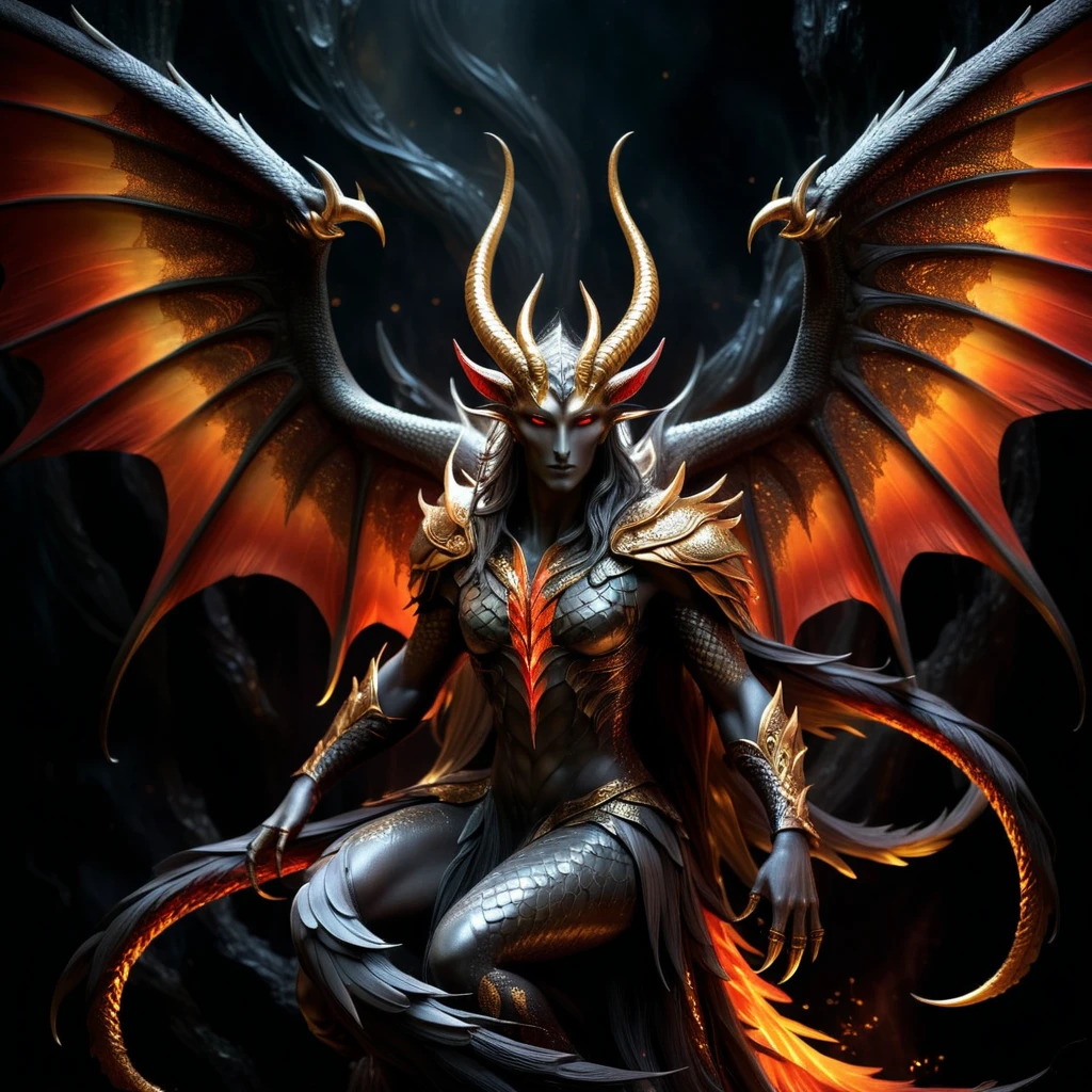 best quality,ultra-detailed,(realistic,photorealistic:1.37),portrait,mythical creature,detailed scales,long curved horns,sharp claws,majestic wings,vibrant colors,fiery red and golden tones,dark background,ethereal lighting,imposing presence,surreal atmosphere,myth and fantasy.