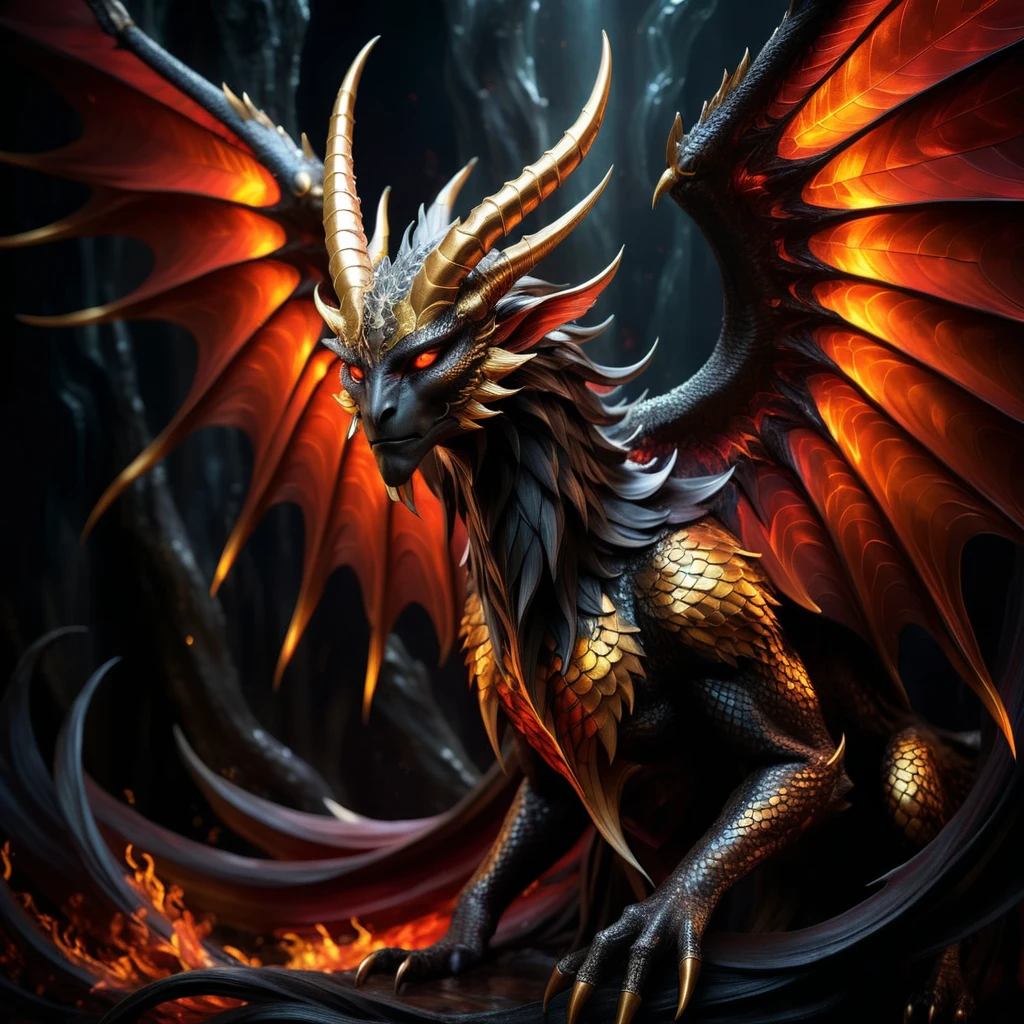 best quality,ultra-detailed,(realistic,photorealistic:1.37),portrait,mythical creature,detailed scales,long curved horns,sharp claws,majestic wings,vibrant colors,fiery red and golden tones,dark background,ethereal lighting,imposing presence,surreal atmosphere,myth and fantasy.