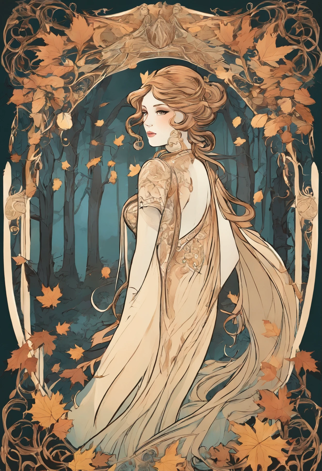 In the maple forest，The girl's expectant eyes，falling leaf，light wind