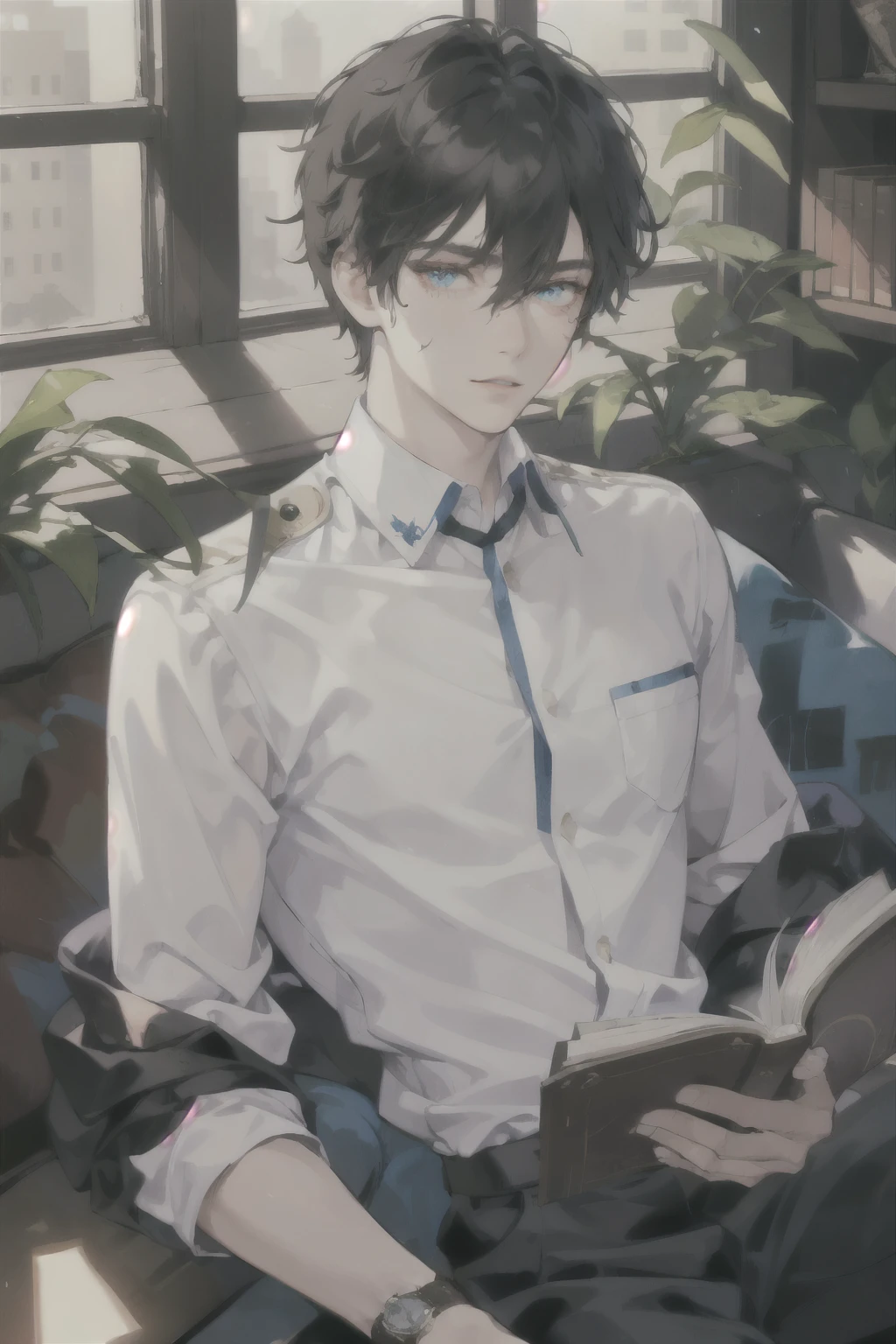 masterpiece, best quality, ultra detailed, (solo man), (male focus), ((Oblong face)), ((Square jawline)), black hair, ((hairs between eyes)), ((shoulder length)), ((narrow blue eye)), fair skin, skinny body, beauty mark, {uniform, outfit, clothes}, dress shirt, watch, sitting on sofa, Reading a book alone