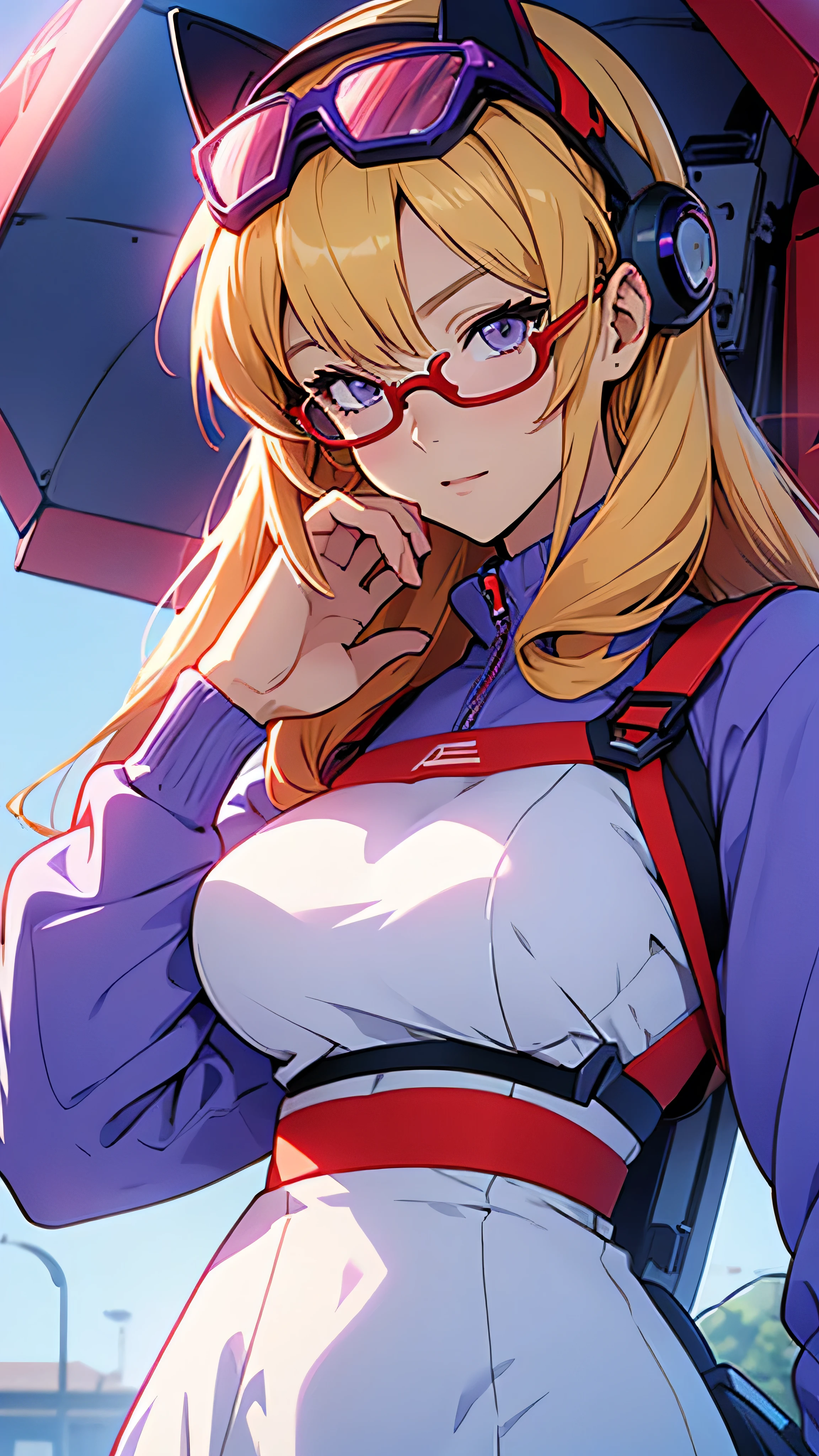 anime,An illustration,purple robot,Mobile Suit,Dom,Light blue check dress,Red glasses,Blonde,Light blue mesh hair,beautiful girl,Sora Sakurano,one person