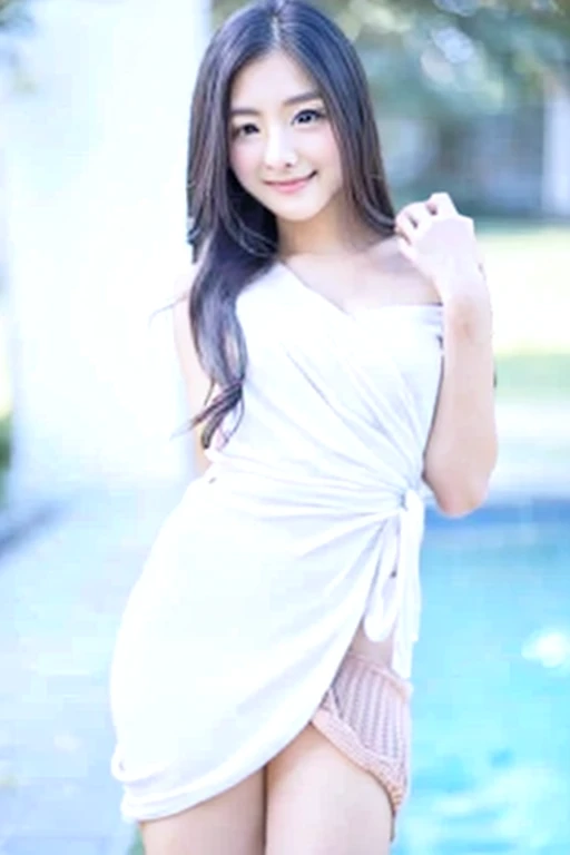 A woman standing with a white towel wrapped around her and her hands on her hips, Roll up a towel, In a wet white short dress, Full body photo, Full body wide shot, Slim girl photos model, Full body photograph, Full body photo, Slim girl photos, Half-body photo, Full body image, Wearing a white dress, All-white dress, Wear white clothes