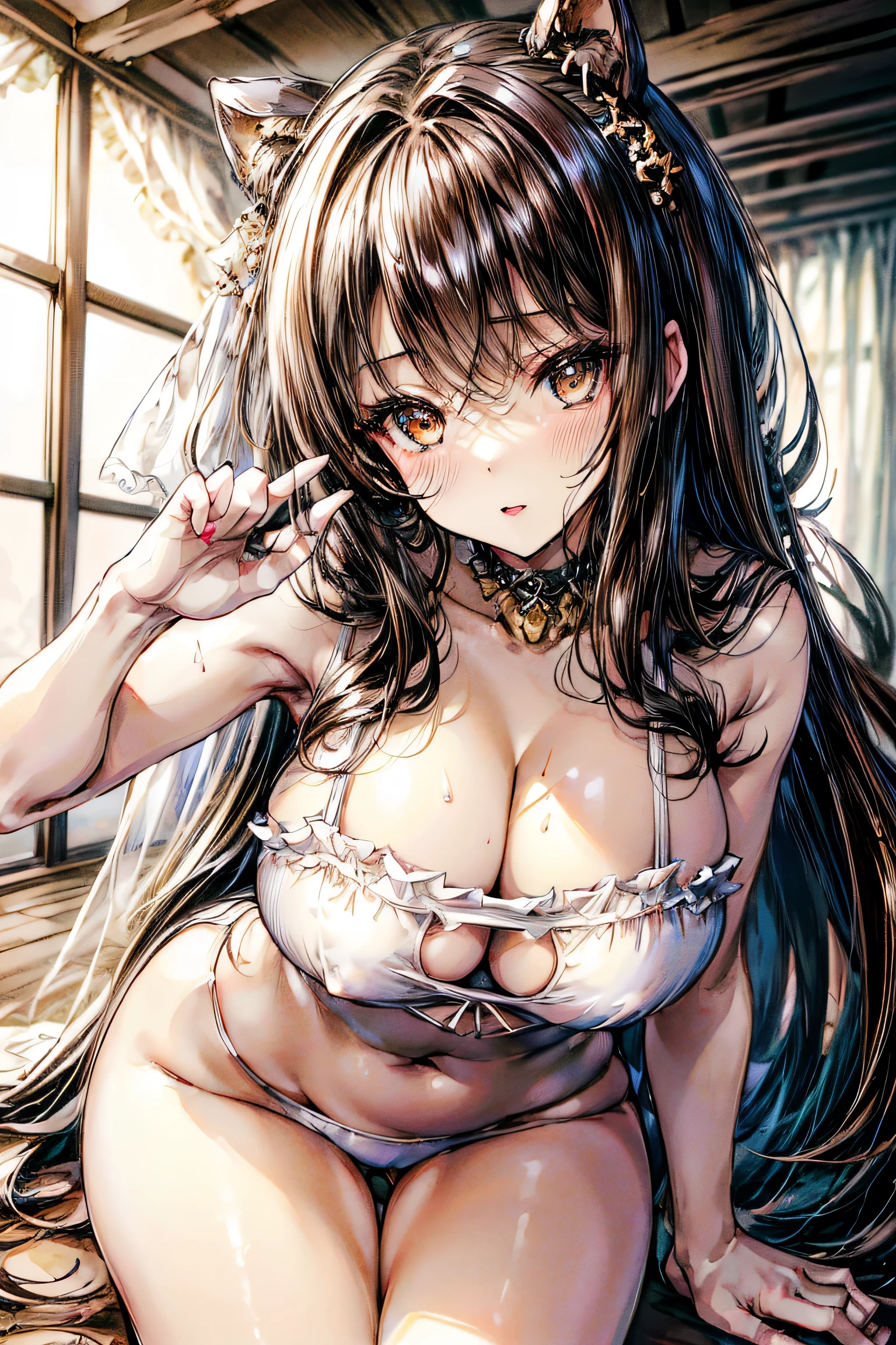 absurdres, high res, ultrasharp, 8K, masterpiece, looking at viewer,1girl, beautiful brown eyes, curvy body, seductive body, brown hair, beautiful face, seductive face, lewd expression, wet body, wearing sexy white lingerie, seductive pose, vibrant colors, chibi, complex details, in the beach 
