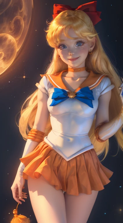 masterpiece, highest quality, High resolution, venus1, 1 girl, alone, Sailor Senshi Uniform, sailor venus, aino minako, blonde hair, Magical girl, blue eyes, Orange skirt, elbow bag, tiara, pleated skirt, hair ribbon, orange sailor collar, mini skirt, choker, red bow, orange choker, white gloves, very long hair, jewelry, earrings, cowboy shot, smile,