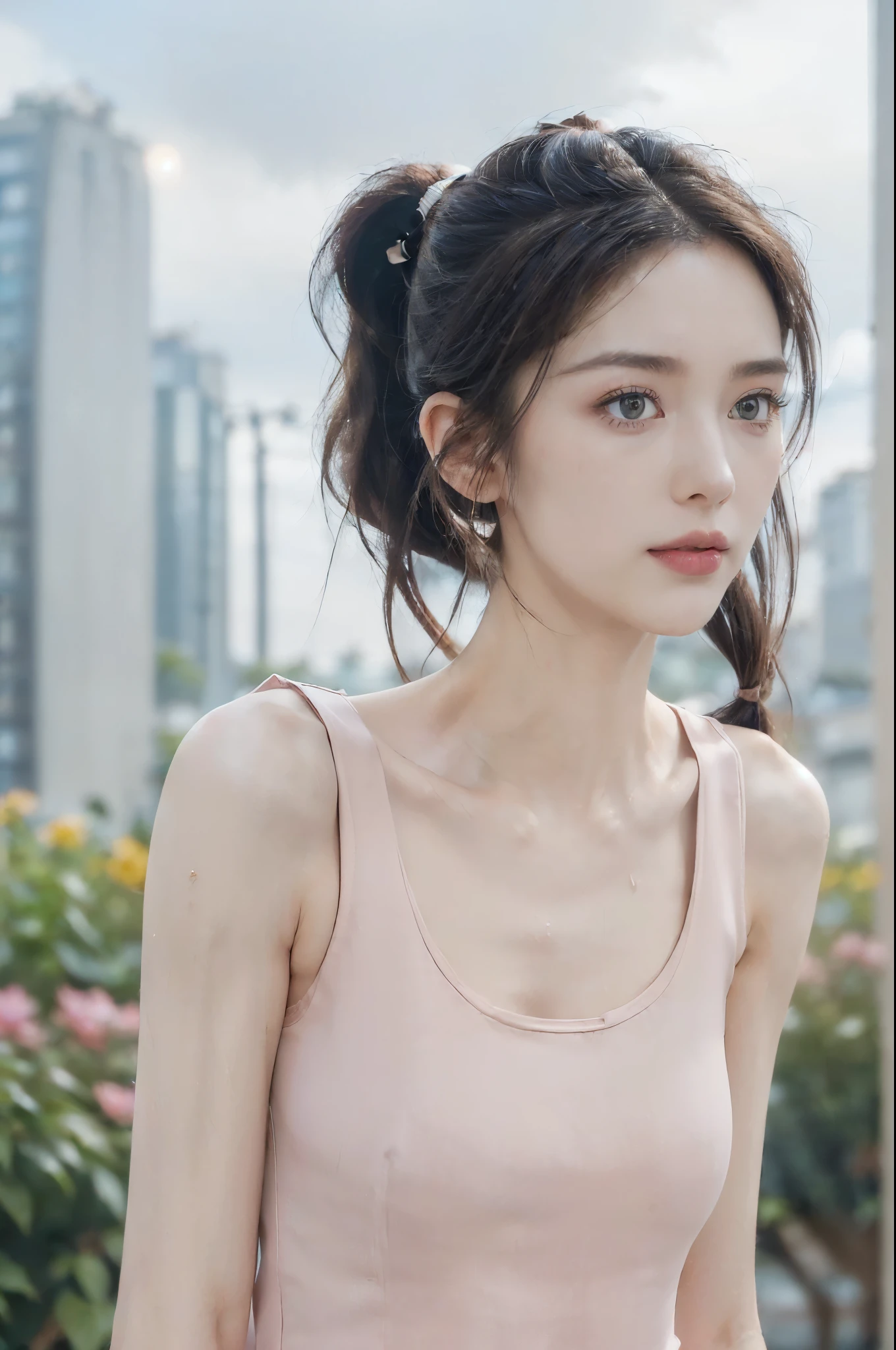 ((((8k))),((Extremely meticulous CG)) ,(wallpaper),16k,((Extremely refined and beautiful)),(((Masterpiece))),(((best qualtiy))),(((Ultra High Resolution))),beautiful light up,realistic shaded,(Smooth and flawless fair skin:1.5),(pale skin:1.3),(Extremely exquisite facial details:1.2),(perfect body:1.2),(ultra-detailed:1.5),((A beautiful girl,solo)),(small head:1.2),(short ponytail:1.3),(slender face:1.3),(Exquisite makeup:1.2),(blush:1.5),(sweat:1.5),((slim,thin)),(laughing:1.2),(Tight fitting tank top:1.5),(small breasts:1.2),(flat chests:1.2),(day scene:1.5),(cloudy:1.3),(oudoor:1.3),(In residential area:1.3),(On the path of the garden full of colorful flowers:1.3),(High rise residential buildings:1.3),(cyberpunk style:1.3),(detailed background:1.5),(standing:1.3),(close-up of face:1.3),(from front:1.3),(early summer:1.3)