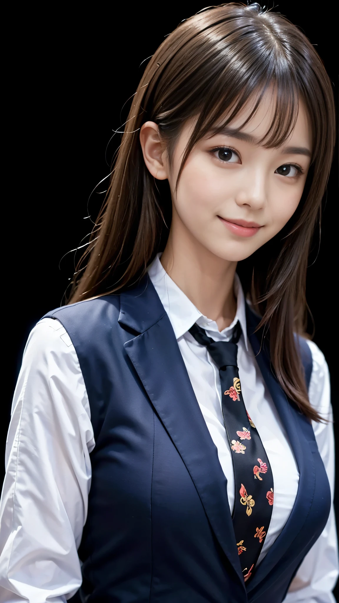 ((highest quality、Masterpiece、High resolution))、(((Zoom photo of upper body)))、One woman、A shy smile、、Large Breasts、Navy blue blazer、shirt、tie、Black Hair、Trimmed bangs、Wavy Hair