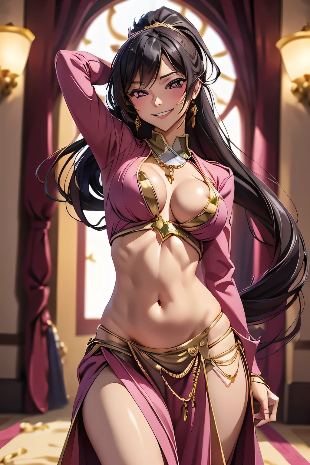 (high quelity), Female Lelouch, pink clothes, mischievous smile, light blush, looking at viewer, huge breasts, precise hands, sexy pose, detailed background, empty eyes, long hair, belly dancer, swaying hips, jewelry, ponytail, hands behind head, exposed breasts, JK