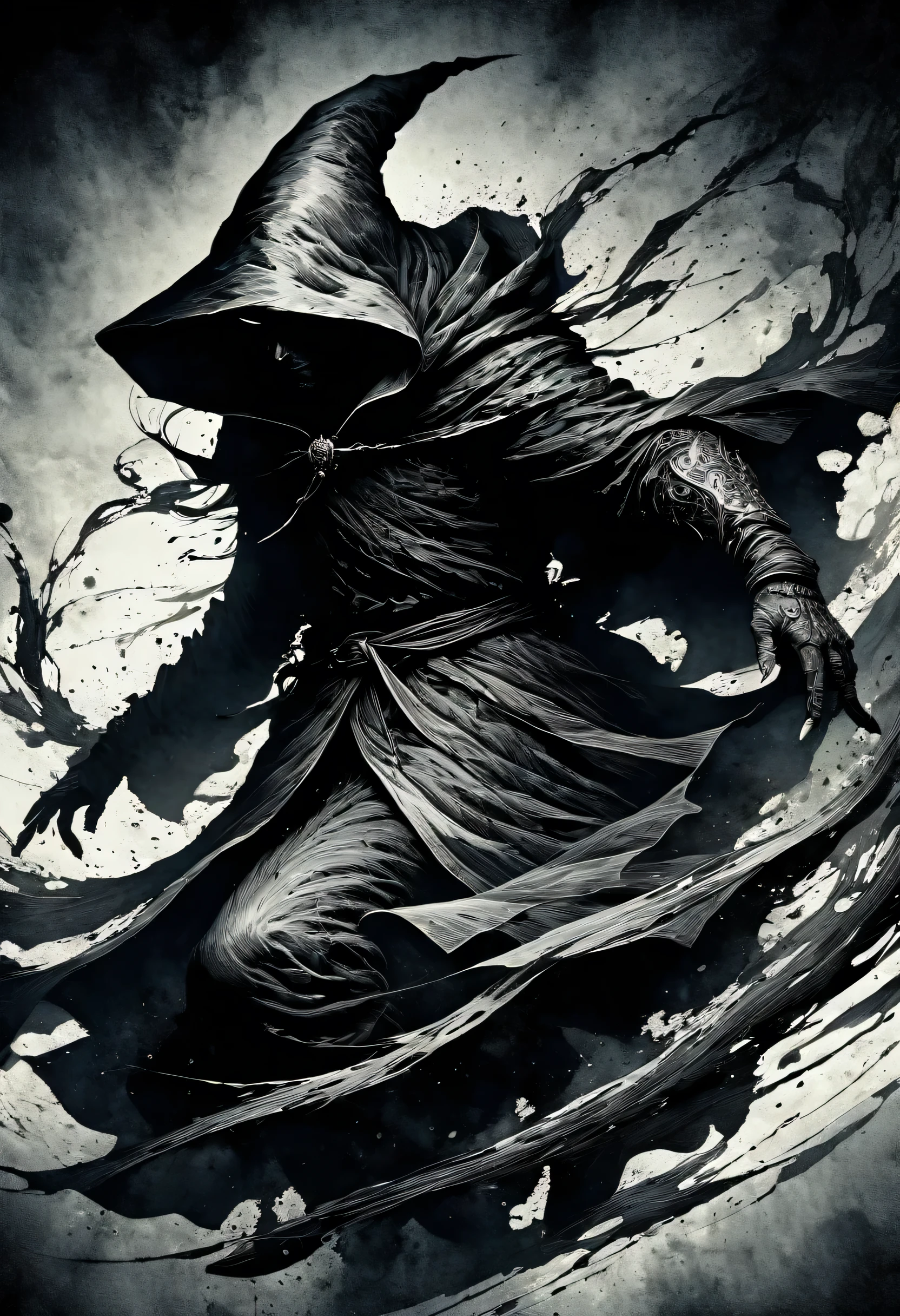 (highest quality,4K,8k,High resolution,masterpiece:1.2),A black mage wearing a hooded robe、Very detailed,ink style characters,Expressive brushstrokes,Dramatic Shadows,Black and White,Exquisite detail,High Contrast,Dim lighting,Monochrome,figure,ink,Engraved lines,Ink splash,Sketching aesthetics,Seductive pose,curve,Fluid movement,Eye-catching composition,Elegant and simple,ink texture,Artistic interpretation