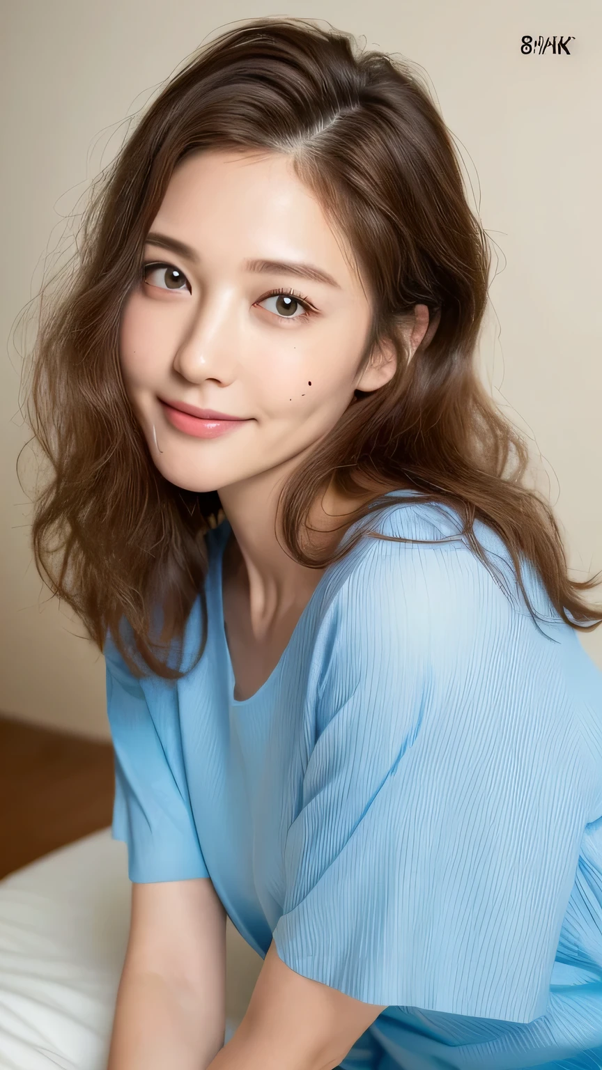 ((highest quality, 8k, masterpiece: 1.3)), 1 female, Japanese Mature,Sensual beauty: 1.3, (Hair style Brown hair Medium wave, big: 1.2), Light blue nightwear: 1.1, Super slender face, Delicate eyes, double eyelid, smile,Dimples,Mole, Home,Plump body,very thick legs,Cowboys photographed from above,