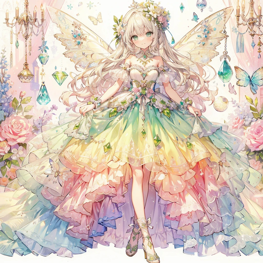 (Exquisite, beautiful, Very detailed, masterpiece, high quality,High resolution),(Beautiful dress design illustration in vibrant colors in pastel colors on a light gray background),A girl with fairy wings is wearing a long dress with a bright emerald-colored draped peplum on the bottom of the corset, decorated with ribbons and peridots, and a fluffy white pannier underneath. The corset is decorated with peridots., A pretty princess dress inspired by peridot,