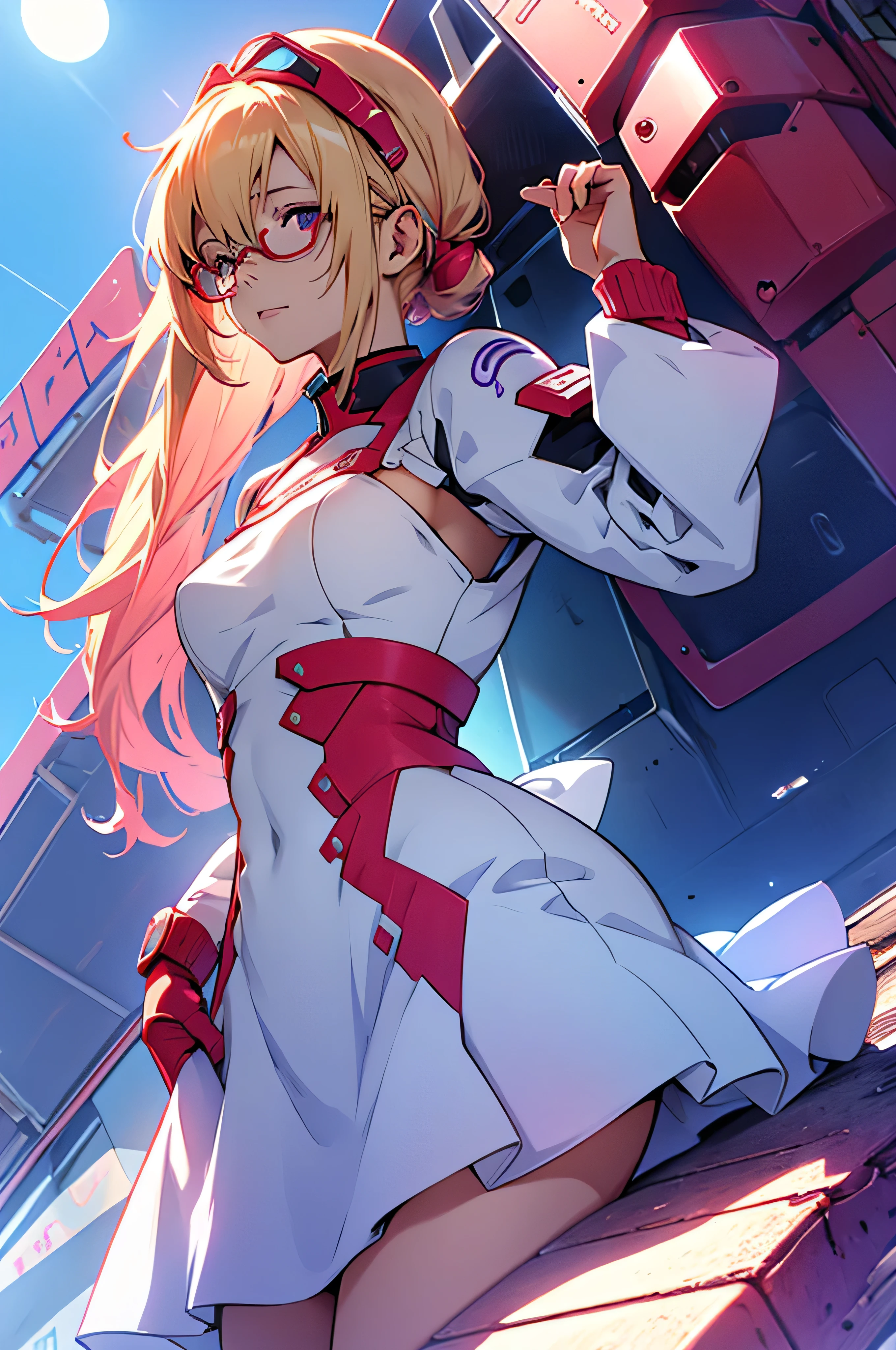 anime,An illustration,purple robot,Mobile Suit,Dom,Light blue check dress,Red glasses,Blonde,Light blue mesh hair,beautiful girl,Sora Sakurano,one person