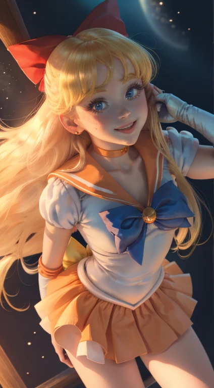 masterpiece, highest quality, High resolution, venus1, 1 girl, alone, Sailor Senshi Uniform, sailor venus, aino minako, blonde hair, Magical girl, blue eyes, Orange skirt, elbow bag, tiara, pleated skirt, hair ribbon, orange sailor collar, mini skirt, choker, red bow, orange choker, white gloves, very long hair, jewelry, earrings, cowboy shot, smile,