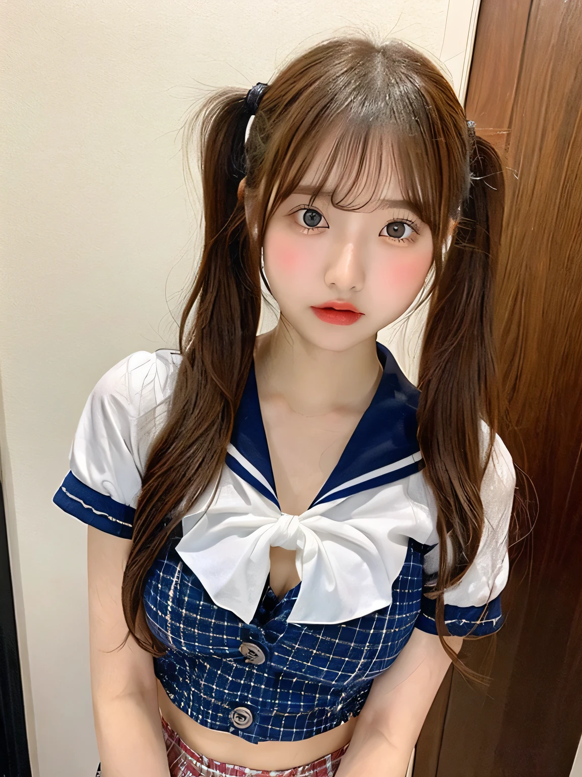 one person、whole body photos、、high school girl、Navy and red checked sailor suit、Cleavage、Green mini skirt、fun、14 years old、whole body、slender、woman、White drool coming out of the mouth、Twin tails、 Fair skin,Super cute、Soft and Face、Brown Hair、8K resolution、Surreal、Ultra high definition、 Soft Body、A-cup small breasts((Highest resolution、8k、masterpiece:1.3))、Ultra-fine face、Ultra Fine Lips、Beautiful Eyes、double eyelid,Slender figure、I can see your thighs、Shapely small breasts、Light blue wall