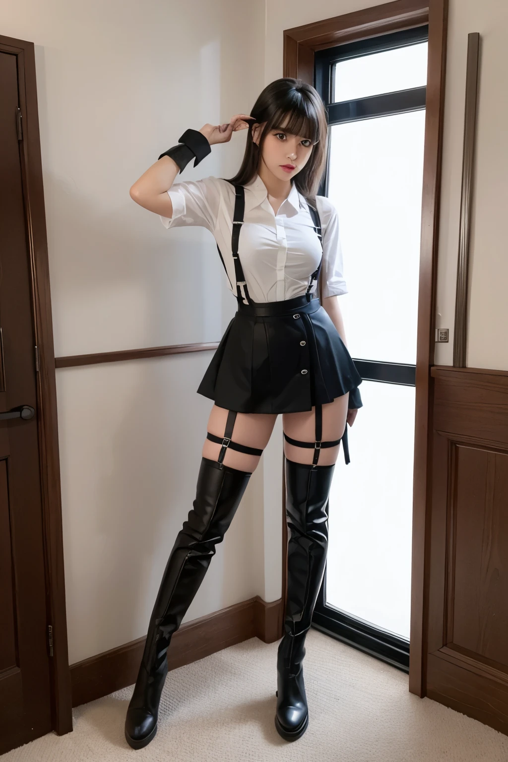 suspenders　　　Large swollen breasts　　 　 　　　　Black mini skirt　garter belt　Knee-high socks　　　　　　　bangs 　　　　　Beauty　　Hands up　　 　　Black boots 　　　　one person 　　　Dress shirt　　　Hands Behind Back　put your hands behind your back　　With your hands behind your back　Armament　holster　　A room at the Belt Hotel　Bed　Wall side