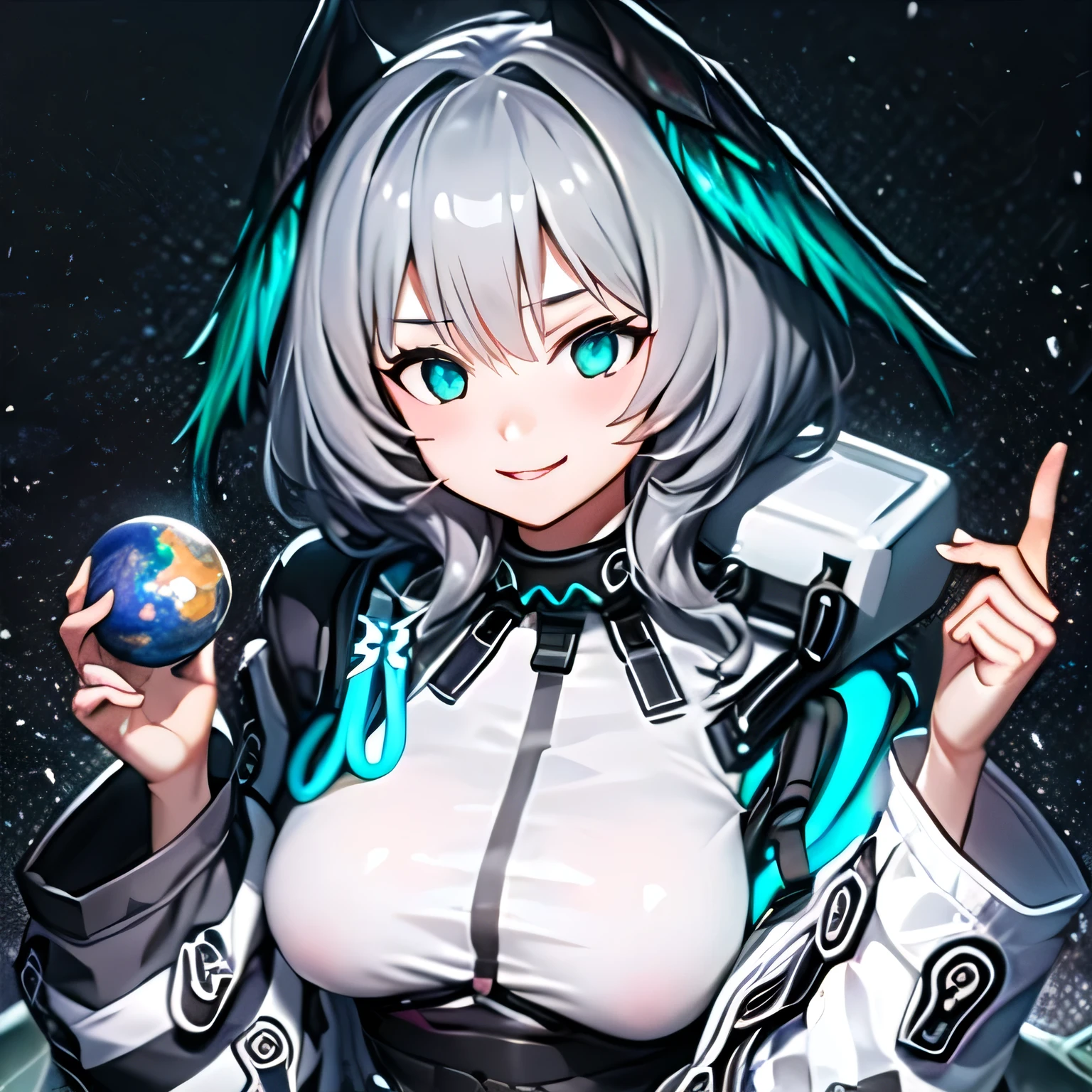 giantess, Dressed Woman, ho_olheyak_arknights, Woman holding the globe in her hands, A woman bigger than the planet, A woman bigger than the universe, destroyed earth, smile, Space Background, The giant girl is in space, giga giantess, The globe is the size of a ball, Upper Body