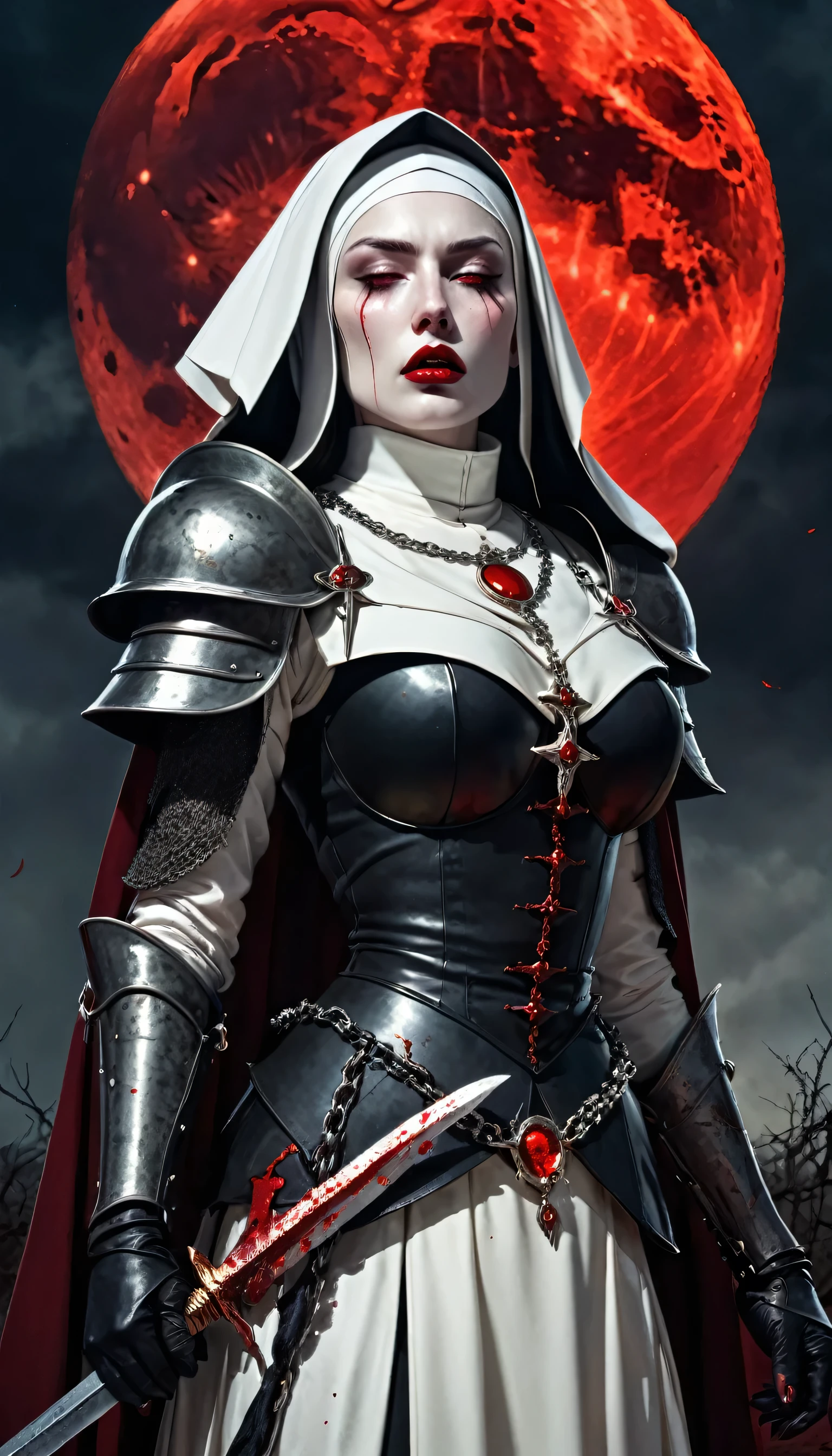 battle nun, sword, wearing armored catholic habit, chains, blood tears, red lips, pale skin, huge red moon in the background, ominous vibe, beautiful color palette, (rough surface:1.2), nature, intricate details, full body, (strong light:1.2),