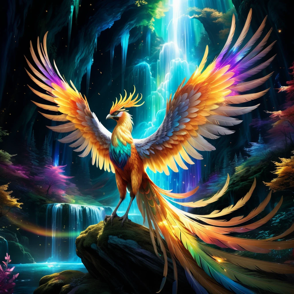 highres,ultra-detailed,realistic,phenix,beautiful detailed feathers,graceful flying pose,glowing golden eyes,long sweeping tail feathers,vibrant colors,sharp focus,elegant and majestic,mythical bird,mythological creature,magical aura,ethereal presence,luminous light,aurora borealis,celestial background,dreamlike atmosphere,mythical lore,mystical creature,enchanted forest,serene and peaceful,harmonious composition,transcendent beauty,powerful and regal,charismatic personality