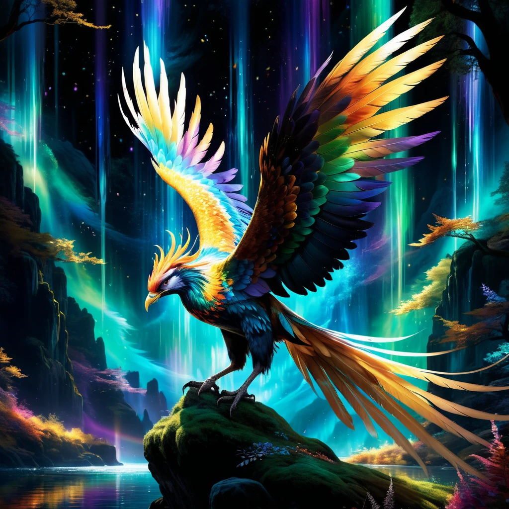 highres,ultra-detailed,realistic,phenix,beautiful detailed feathers,graceful flying pose,glowing golden eyes,long sweeping tail feathers,vibrant colors,sharp focus,elegant and majestic,mythical bird,mythological creature,magical aura,ethereal presence,luminous light,aurora borealis,celestial background,dreamlike atmosphere,mythical lore,mystical creature,enchanted forest,serene and peaceful,harmonious composition,transcendent beauty,powerful and regal,charismatic personality