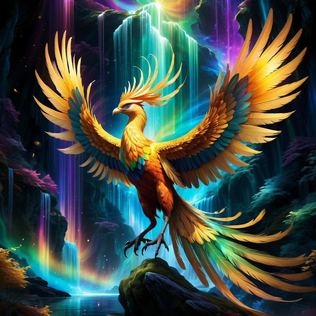 highres,ultra-detailed,realistic,phenix,beautiful detailed feathers,graceful flying pose,glowing golden eyes,long sweeping tail feathers,vibrant colors,sharp focus,elegant and majestic,mythical bird,mythological creature,magical aura,ethereal presence,luminous light,aurora borealis,celestial background,dreamlike atmosphere,mythical lore,mystical creature,enchanted forest,serene and peaceful,harmonious composition,transcendent beauty,powerful and regal,charismatic personality