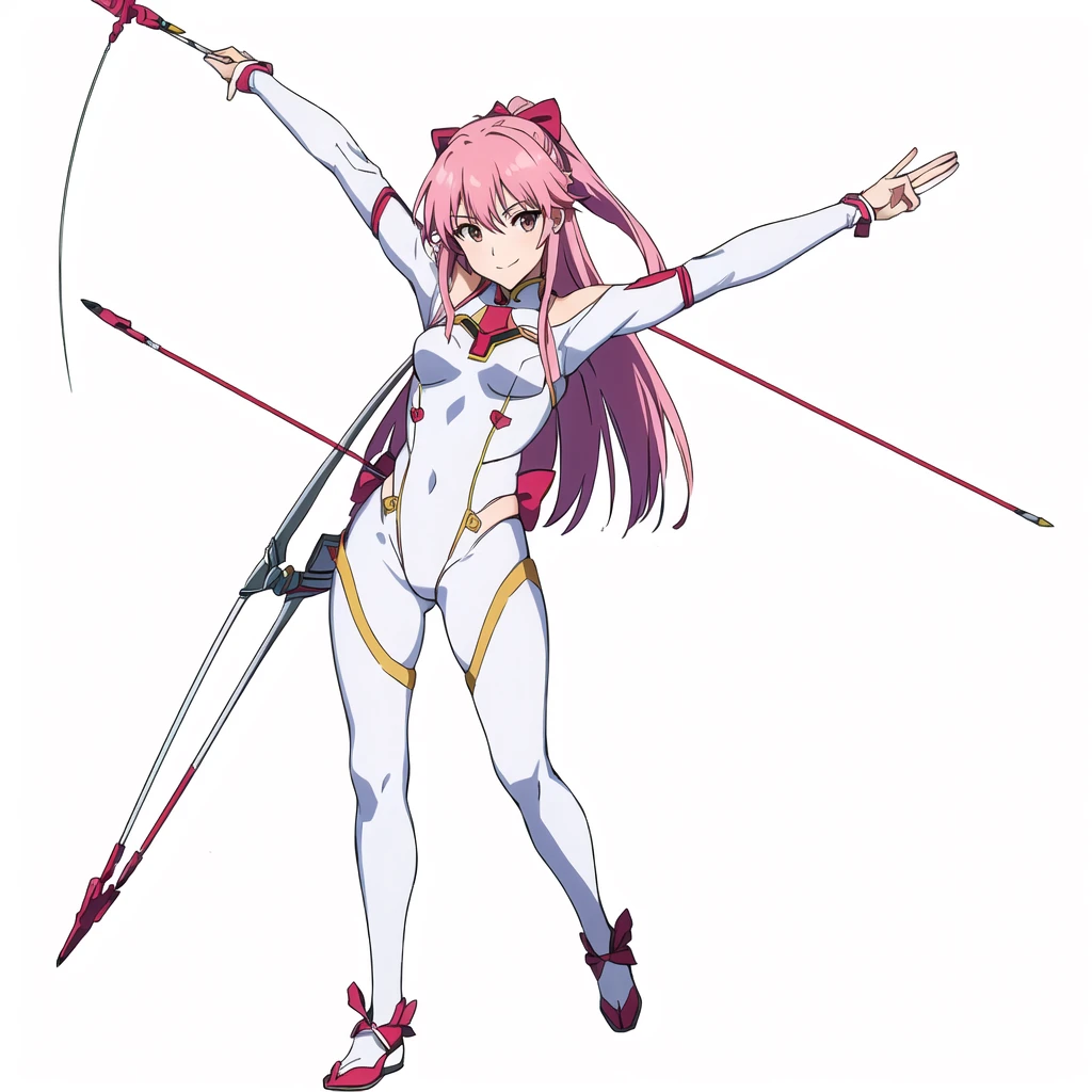 a drawing of a woman with a bow and arrow in her hand, pose(arms up + happy), hands behind her body pose!, anime pose, pudica pose gesture, clean anime outlines, outlined!!!, fully body pose, full body zenkai! asuka suit, with arms up, sketchy artstyle, gesture drawn, holding a pudica pose