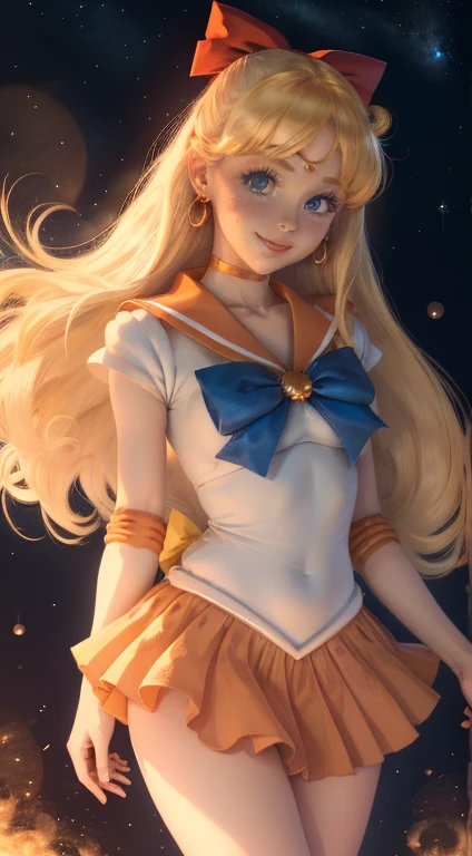 masterpiece, highest quality, High resolution, venus1, 1 girl, alone, Sailor Senshi Uniform, sailor venus, aino minako, blonde hair, Magical girl, blue eyes, Orange skirt, elbow bag, tiara, pleated skirt, hair ribbon, orange sailor collar, mini skirt, choker, red bow, orange choker, white gloves, very long hair, jewelry, earrings, cowboy shot, smile,