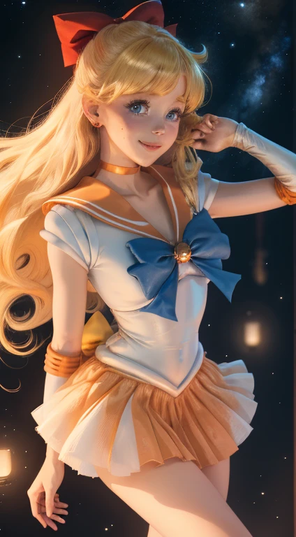 masterpiece, highest quality, High resolution, venus1, 1 girl, alone, Sailor Senshi Uniform, sailor venus, aino minako, blonde hair, Magical girl, blue eyes, Orange skirt, elbow bag, tiara, pleated skirt, hair ribbon, orange sailor collar, mini skirt, choker, red bow, orange choker, white gloves, very long hair, jewelry, earrings, cowboy shot, smile,