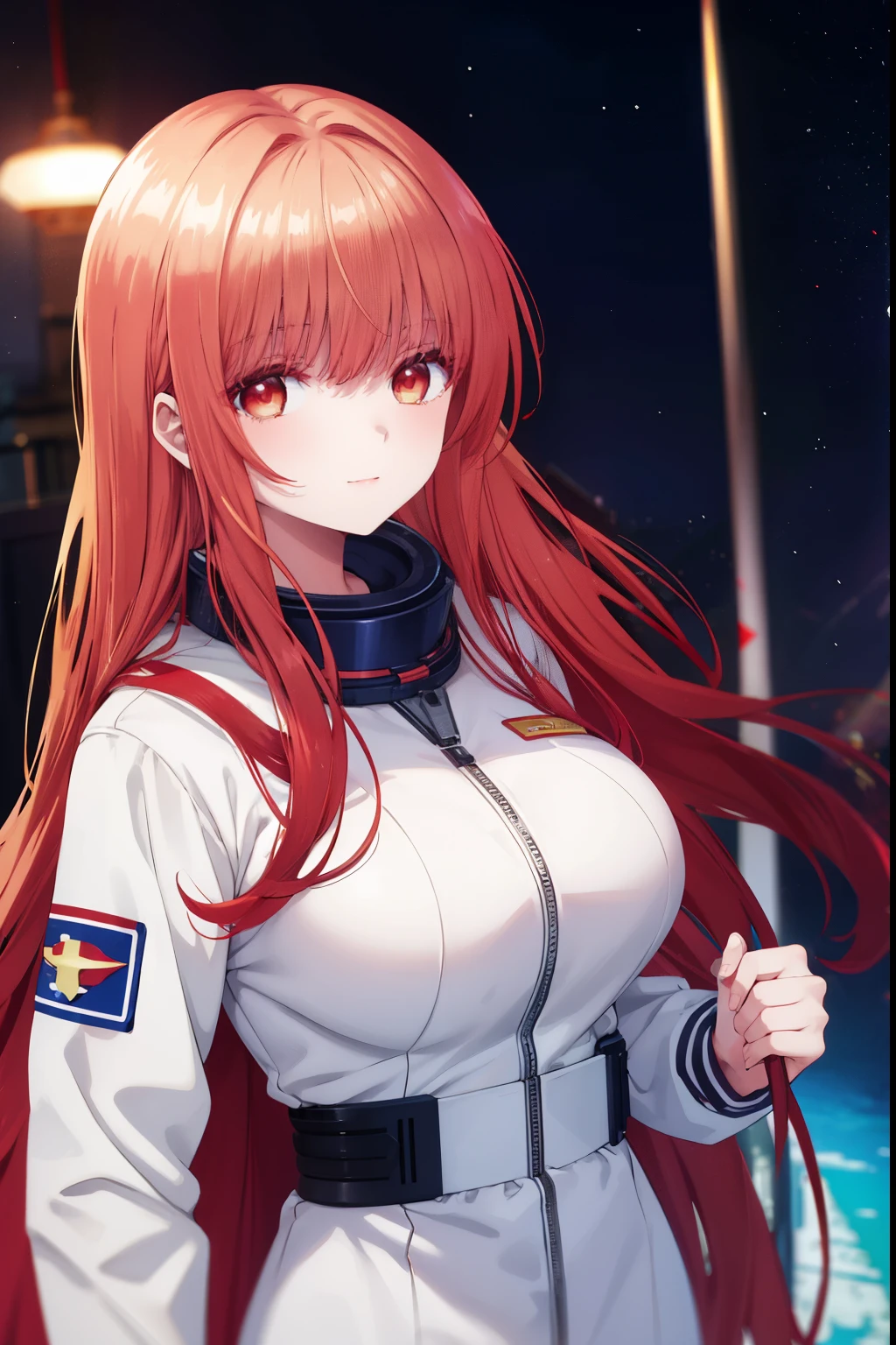1woman,adult,big breast,25 years old,red hair, long hair, astronaut uniform, standing, half Body photo, red eyes, bangs, smile
