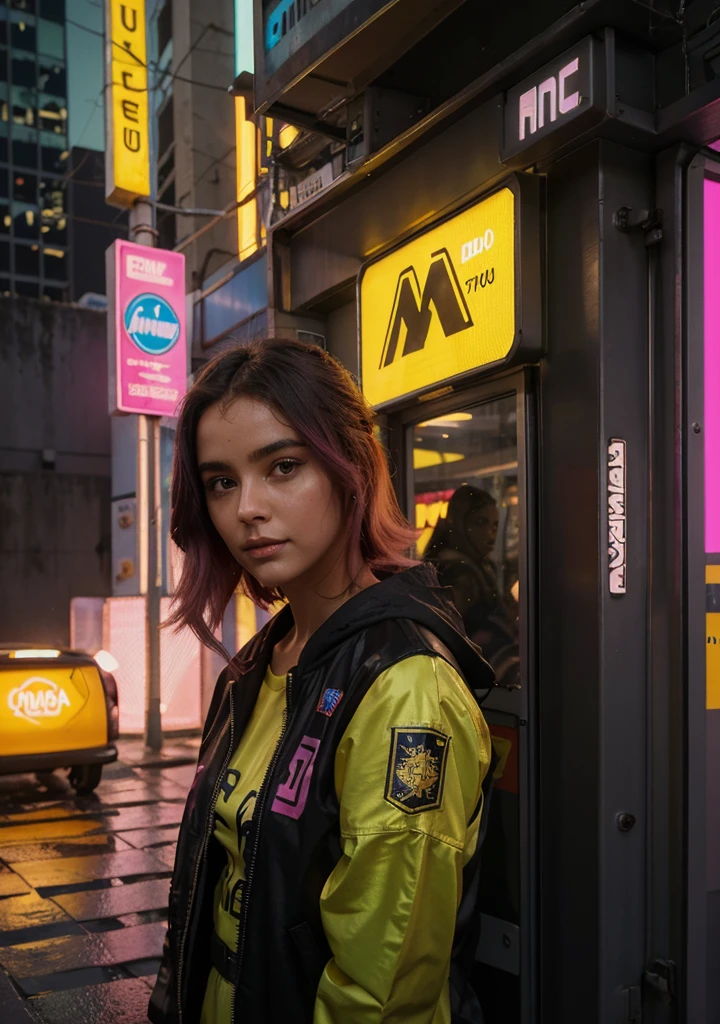 Uma garota de 15 anos com cabelo rosa, pele negra e olhos cinza escuro. Ela usa uma roupa cyberpunk escura com luzes de neon amarelas. is on shores, but with your face slightly turned towards the camera. Ela carrega uma mochila marrom escuro com um emoji amarelo sorridente. The setting is a large cyberpunk metropolis with holographic McDonald&#39;s and Motorola billboards shining over the buildings..