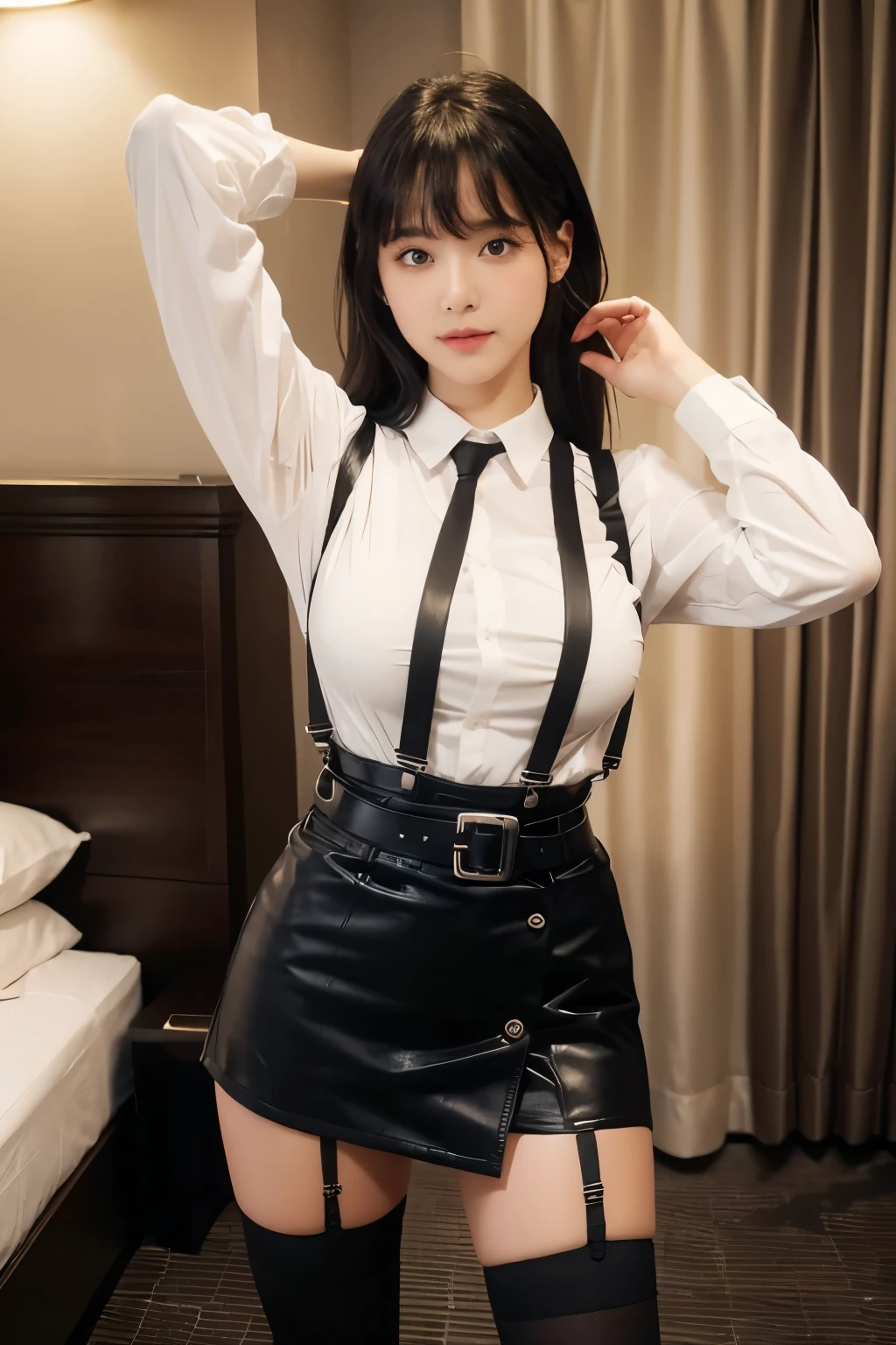 suspenders Large swollen breasts Black mini skirt garter belt Knee-high socks bangs Beauty Hands up Black boots one person Dress shirt Hands Behind Back put your hands behind your back With your hands behind your back Armament holster A room at the Belt Hotel Bed Wall side
