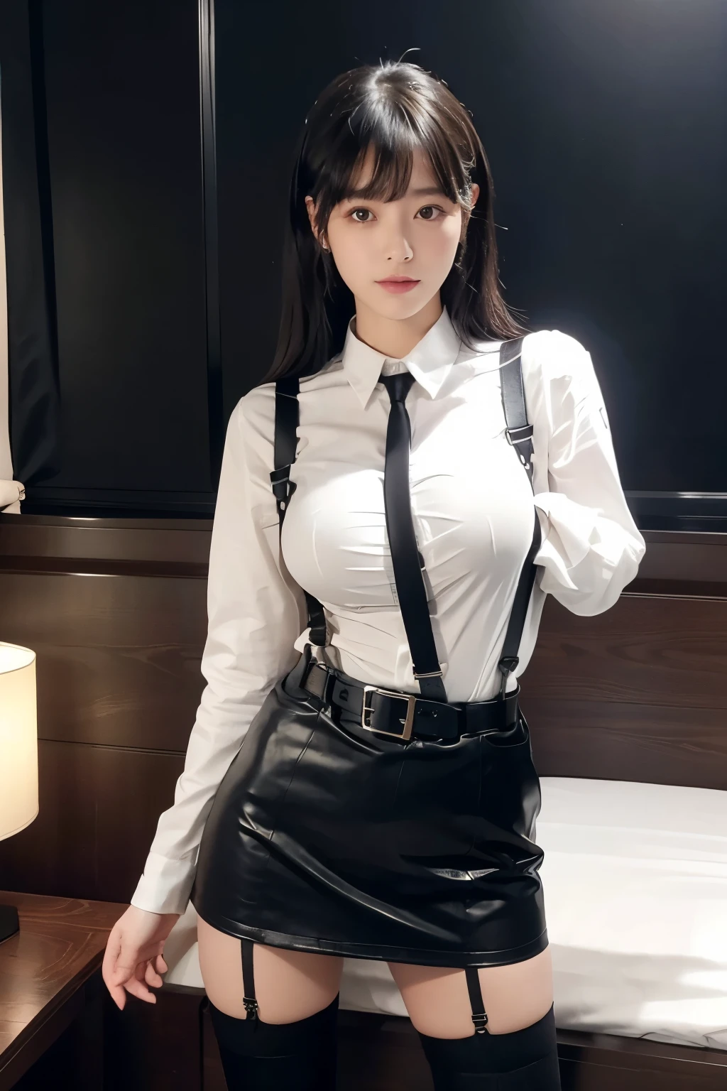 suspenders Large swollen breasts Black mini skirt garter belt Knee-high socks bangs Beauty Hands up Black boots one person Dress shirt Hands Behind Back put your hands behind your back With your hands behind your back Armament holster A room at the Belt Hotel Bed Wall side