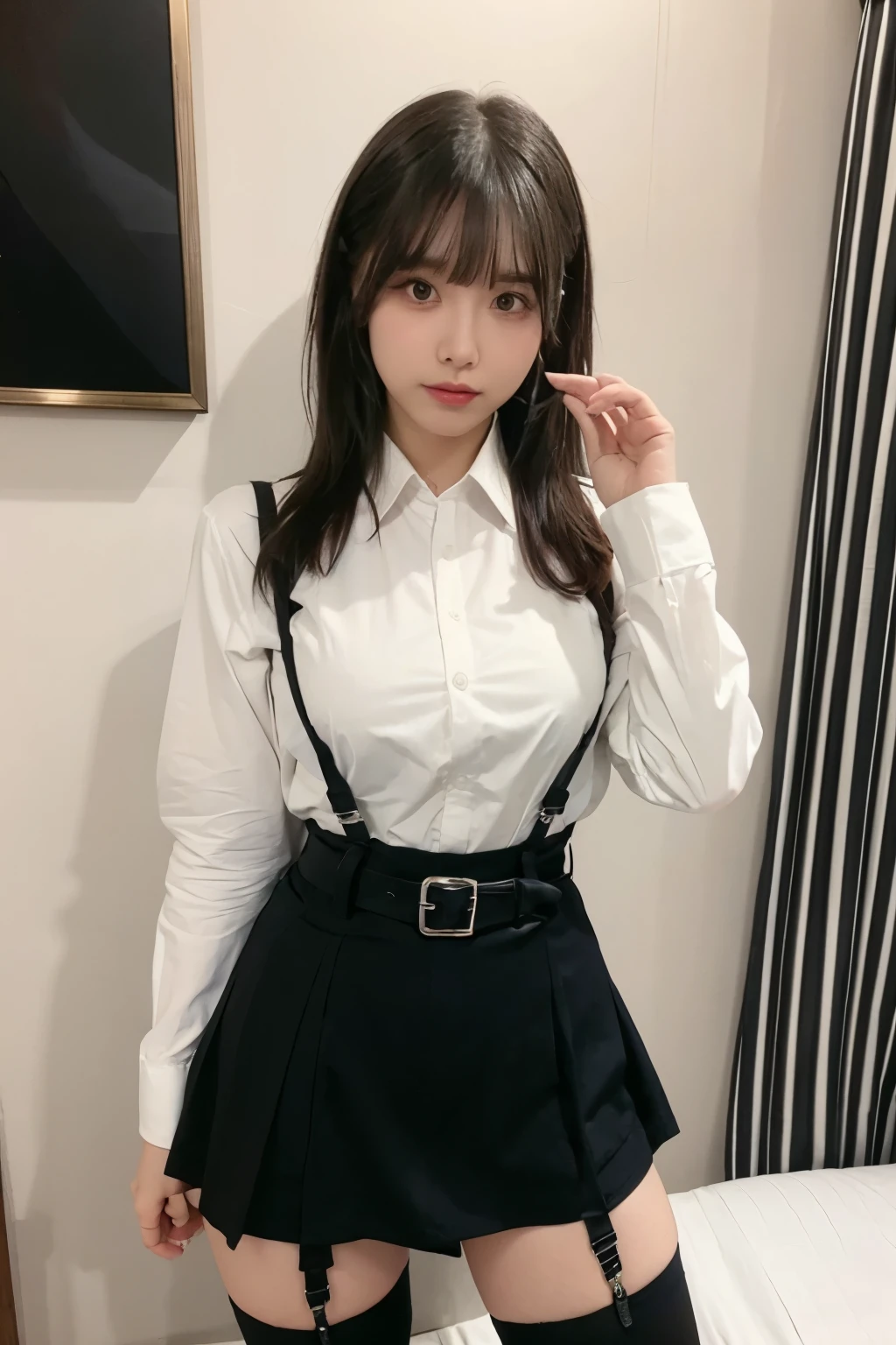 suspenders Large swollen breasts Black mini skirt garter belt Knee-high socks bangs Beauty Hands up Black boots one person Dress shirt Hands Behind Back put your hands behind your back With your hands behind your back Armament holster A room at the Belt Hotel Bed Wall side