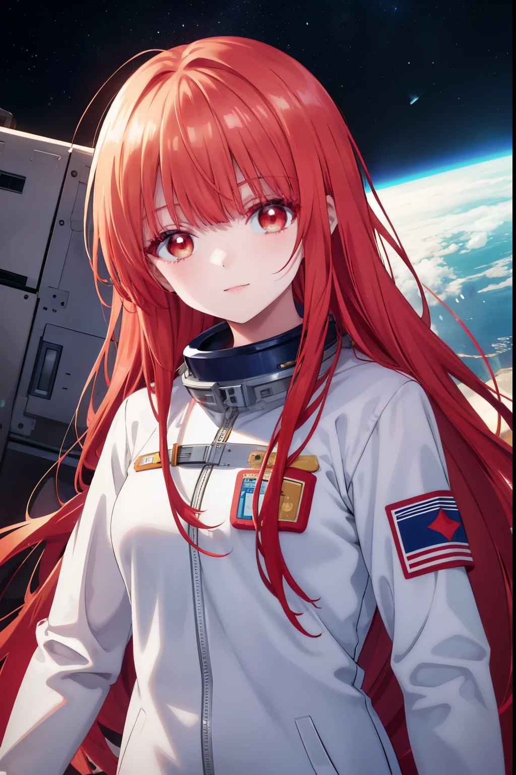  1woman,adult,25 years old,red hair, long hair, astronaut uniform, standing, half Body photo, red eyes, bangs, smile