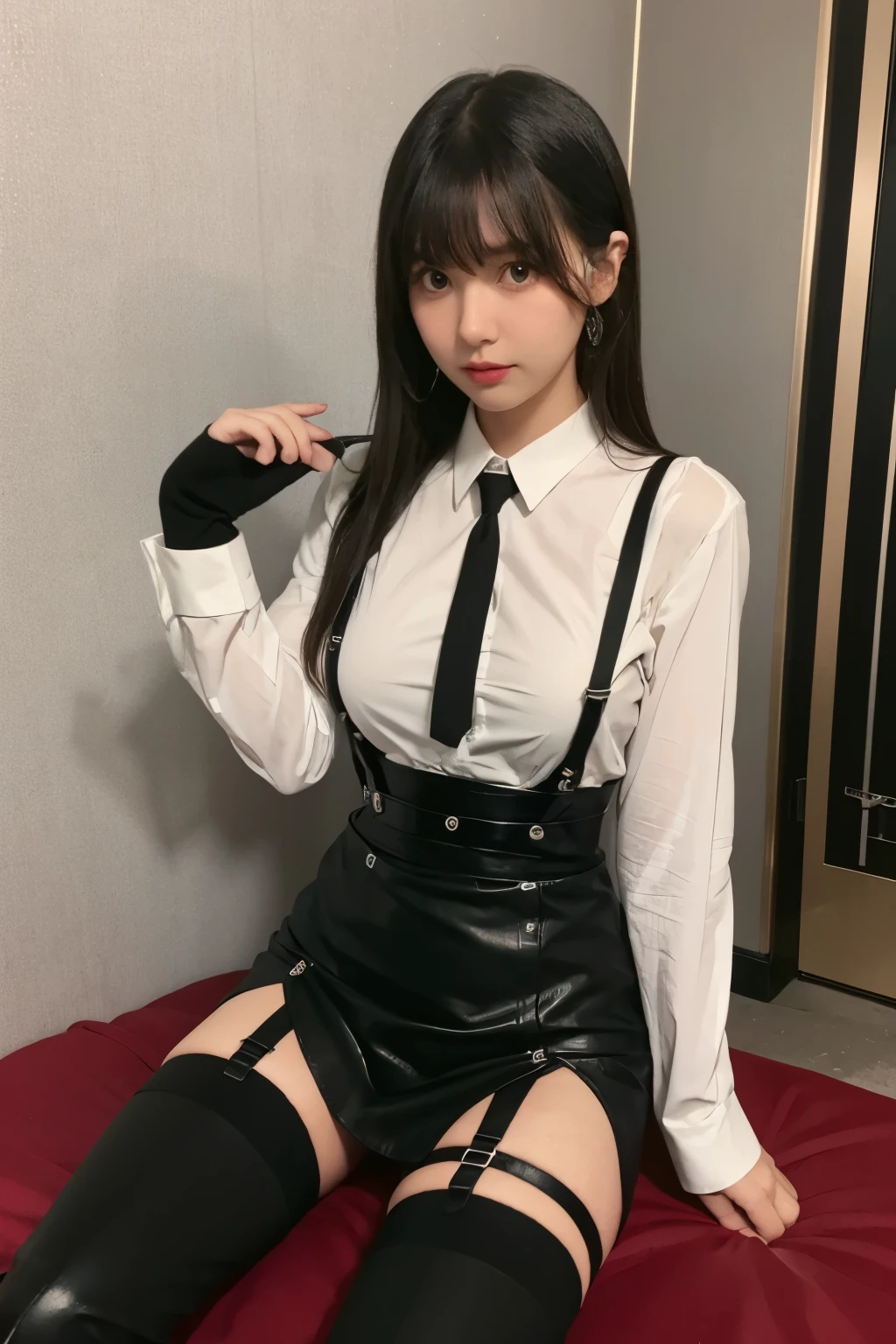 suspenders Large swollen breasts Black mini skirt garter belt Knee-high socks bangs Beauty Hands up Black boots one person Dress shirt Hands Behind Back put your hands behind your back With your hands behind your back Armament holster A room at the Belt Hotel Bed Wall side