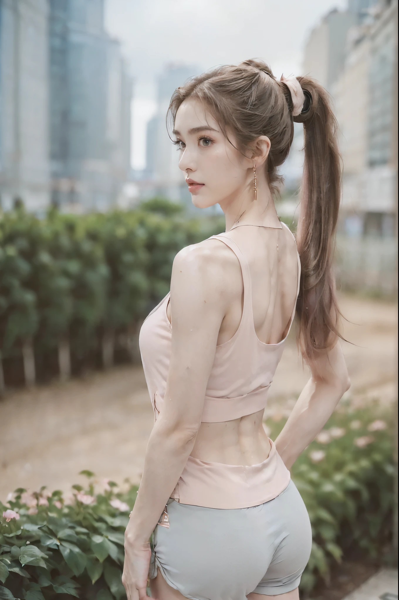 ((((8k))),((Extremely meticulous CG)) ,(wallpaper),16k,((Extremely refined and beautiful)),(((Masterpiece))),(((best qualtiy))),(((Ultra High Resolution))),beautiful light up,realistic shaded,(Smooth and flawless fair skin:1.5),(pale skin:1.3),(Extremely exquisite facial details:1.2),(perfect body:1.2),(ultra-detailed:1.5),((A beautiful girl,solo)),(small head:1.2),(short ponytail:1.3),(slender face:1.3),(Exquisite makeup:1.2),(blush:1.5),(sweat:1.5),((slim,thin)),(laughing:1.2),(tank top:1.5),(bare back:1.3),(towering hips:1.3),(sports shorts:1.3),(day scene:1.5),(cloudy:1.3),(oudoor:1.3),(In residential area:1.3),(On the path of the garden full of colorful flowers:1.3),(High rise residential buildings:1.3),(cyberpunk style:1.3),(detailed background:1.5),(standing:1.3),(walking:1.3),(butt crack:1.3),(upper body:1.3),(from front:1.3),(early summer:1.3)