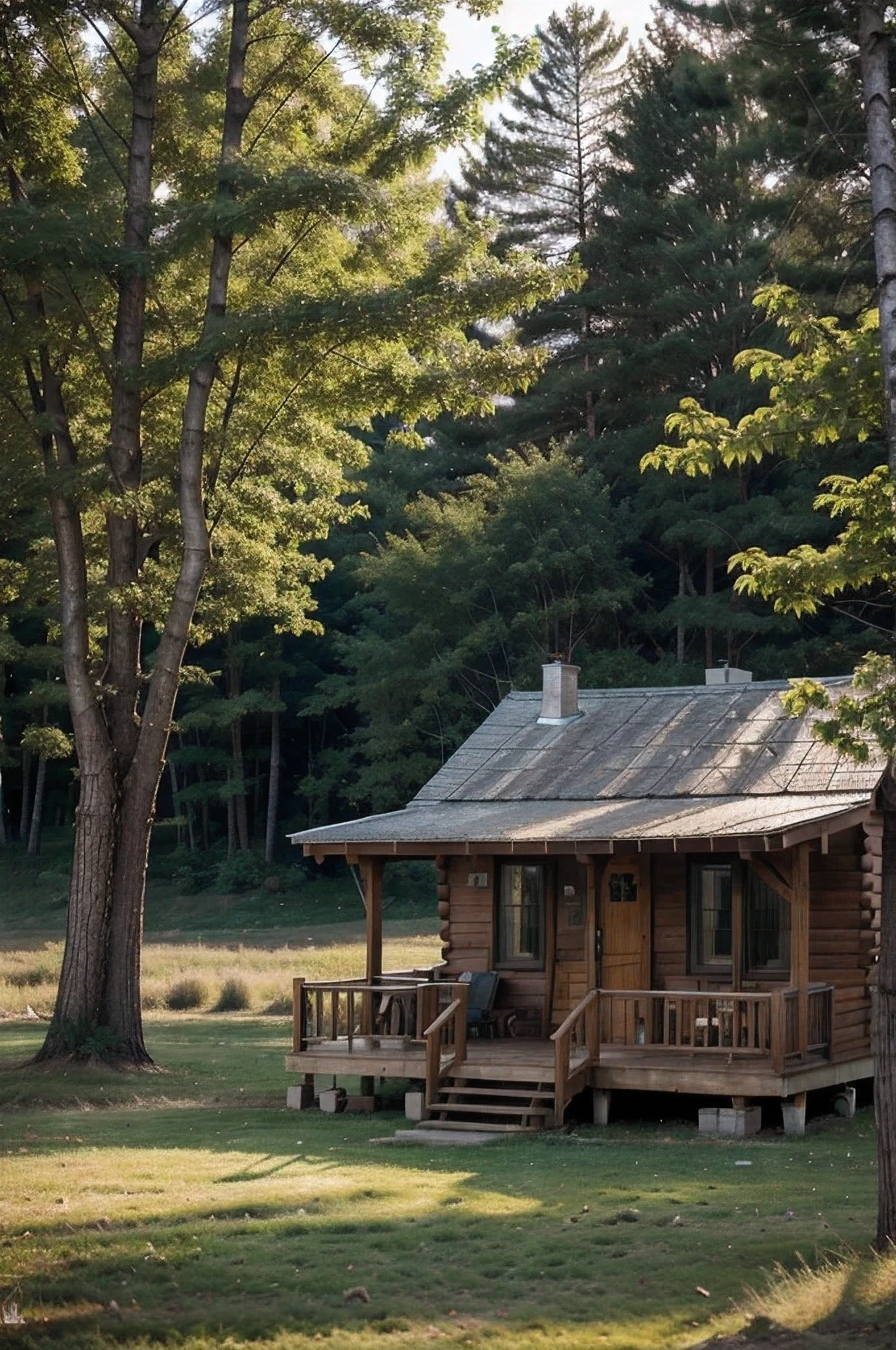 Morning sun, few birds, little breeze, trees, wooden cabin