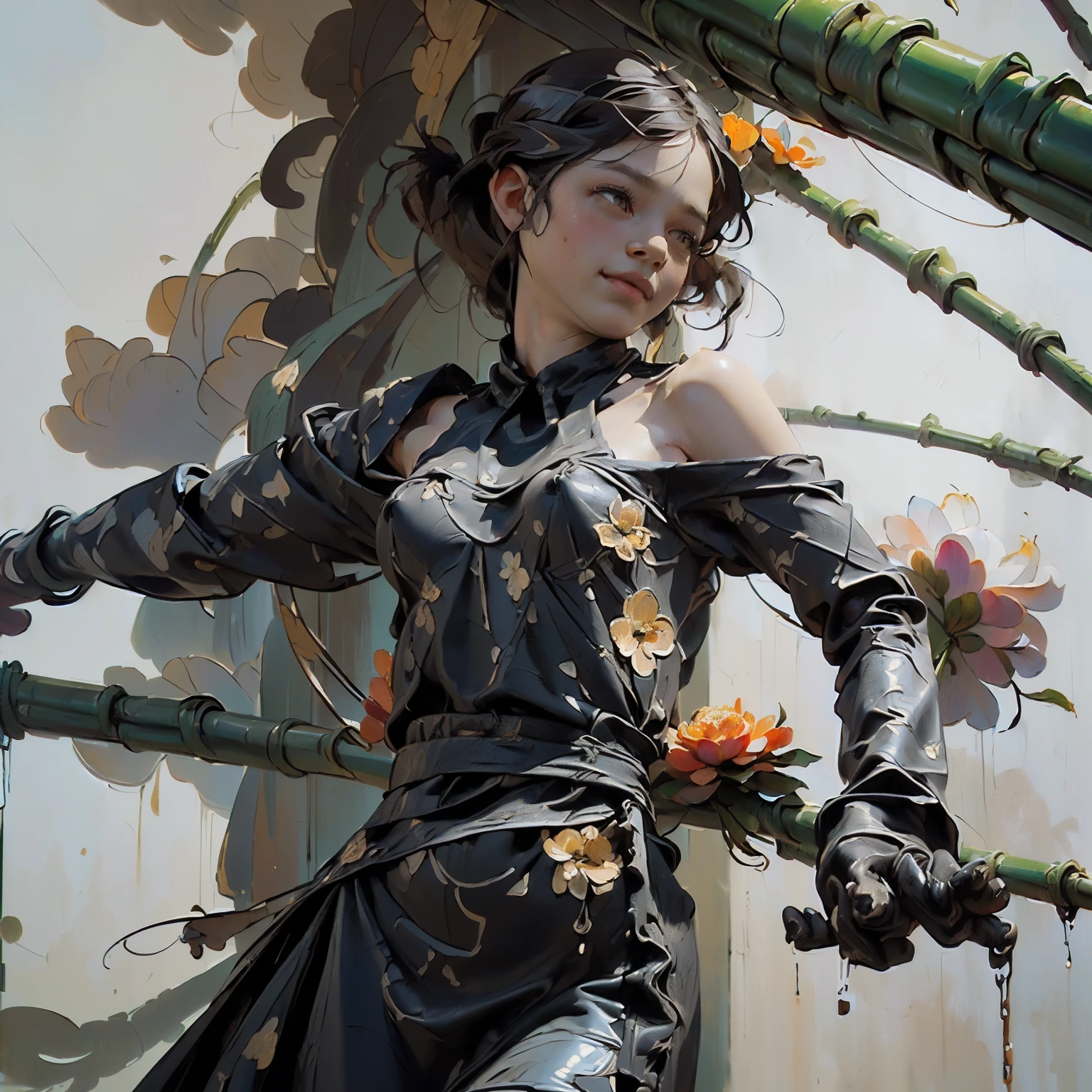 ((Create), (young girl, , naked, full growth, dark hair, light skin, scarlet lips, smile; black, expressive playful eyes, long eyelashes), (female naked body, fantastic space), (flowers, chrysanthemum lilies, peonies, 1 full-length girl-solo, beautiful breasts), (girl, bare shoulders, (ecchi0.5), lips, splash of water, (Flowers:0.6), (birds:0.2), (bamboo0.1) , (lakes), (very beautiful, naked girl, full height, relaxed pose, slight turn of the body, facing the viewer, beautiful small breasts), (dressed; black translucent chiffon dress, gold line, very short peignoir dress), (calm relaxed pose, hair fluttering in the wind, half turn, look at the viewer, stylish girl model)).((Background - fantastic space, flower garden, graphic clear line, stylized - graphic, (lily flowers, peonies, chrysanthemums ) - (stunning blooming irises; (purple, yellow, blue, white), (modern style, modern, very beautiful young girl). (High quality, masterpiece). ((The highest quality of workmanship, realism, oil painting, modern brushwork, the hand of a master, grace, simplicity of execution)).