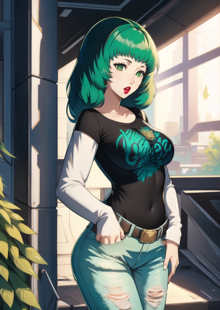 masterpiece, best quality, flayn, green hair, 1girl, solo, standing, black t-shirt, white shirt, jeans, belt, lipstick, large breasts