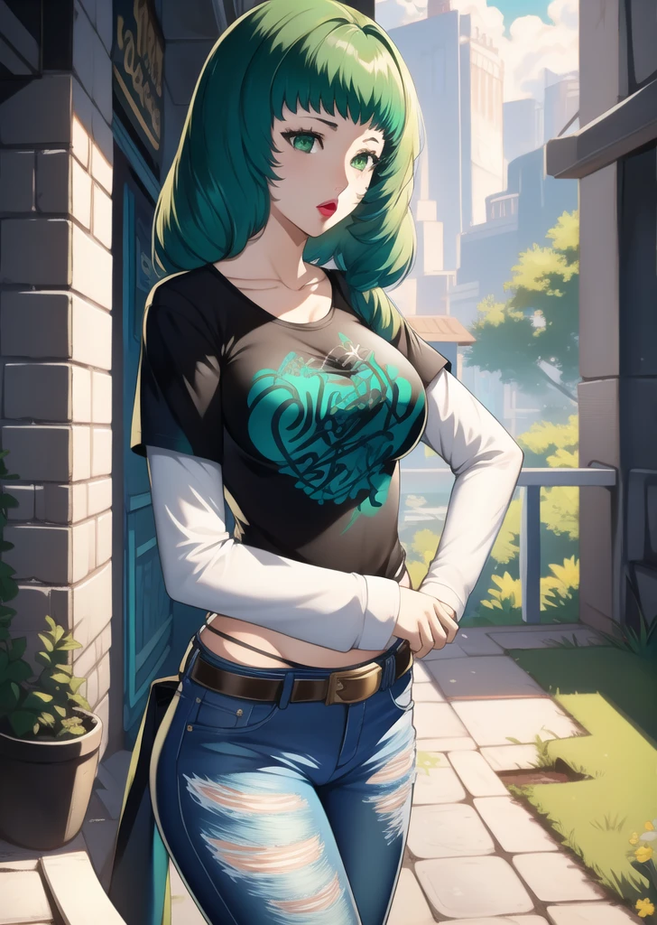 masterpiece, best quality, flayn, green hair, 1girl, solo, standing, black t-shirt, white shirt, jeans, belt, lipstick, large breasts