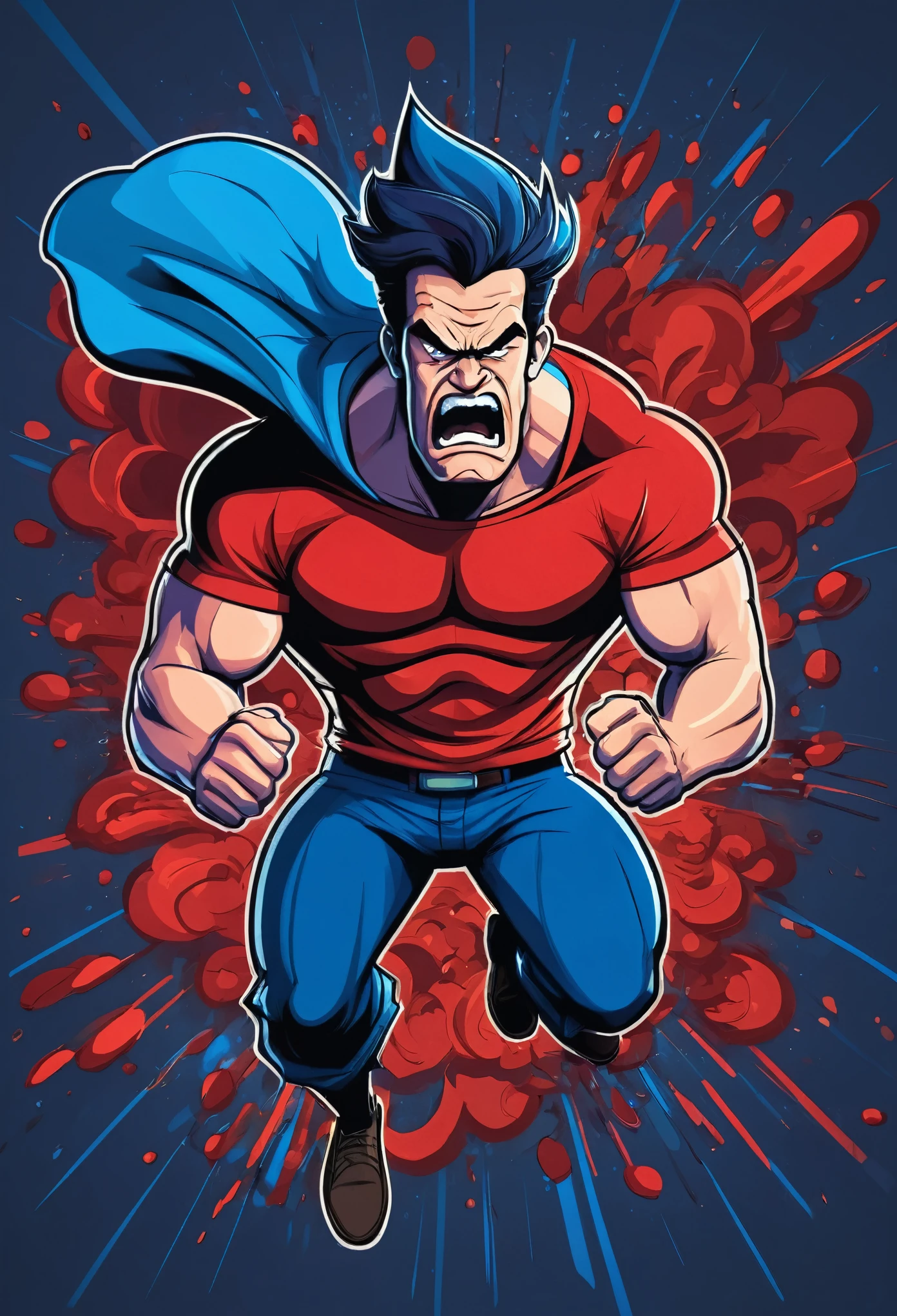 Angry man, red and blue colors, cartoon style, gravity fall cartoon style 