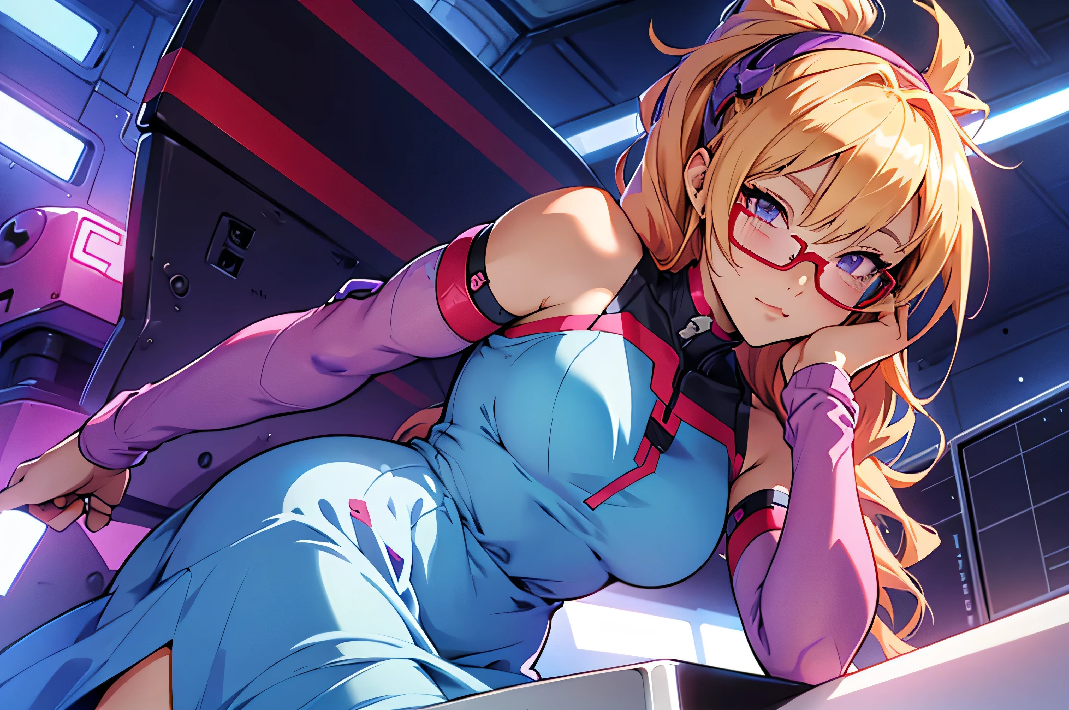 anime,An illustration,purple robot,Mobile Suit,Dom,Light blue check dress,Red glasses,Blonde,Light blue mesh hair,beautiful girl,Sora Sakurano,one person