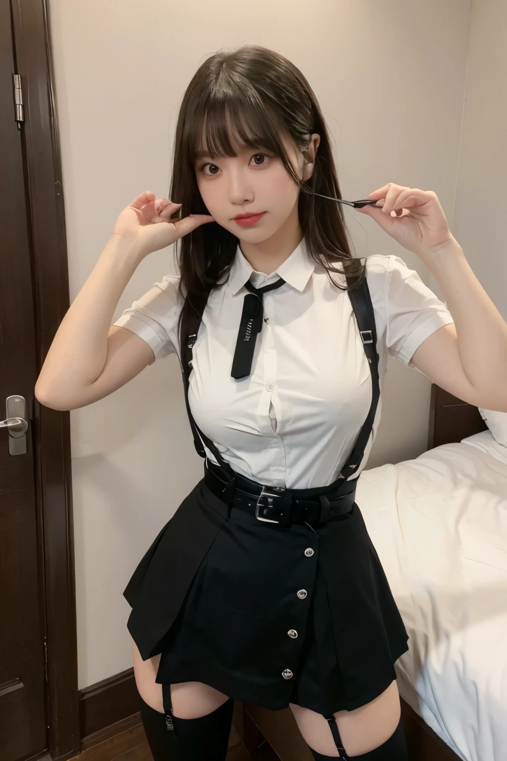 suspenders　　　Large swollen breasts　　 　 　　　　Black mini skirt　garter belt　Knee-high socks　　　　　　　bangs 　　　　　Beauty　　Hands up　　 　　Black boots 　　　　one person 　　　Dress shirt　　　Hands Behind Back　put your hands behind your back　　With your hands behind your back　Armament　holster　　A room at the Belt Hotel　Bed　Wall side