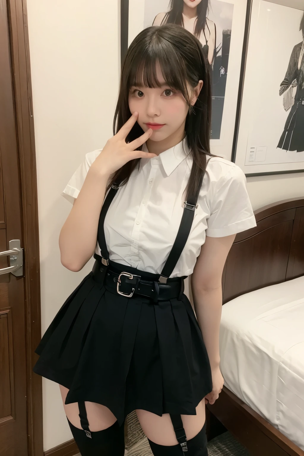 suspenders Large swollen breasts Black mini skirt garter belt Knee-high socks bangs Beauty Hands up Black boots one person Dress shirt Hands Behind Back put your hands behind your back With your hands behind your back Armament holster A room at the Belt Hotel Bed Wall side