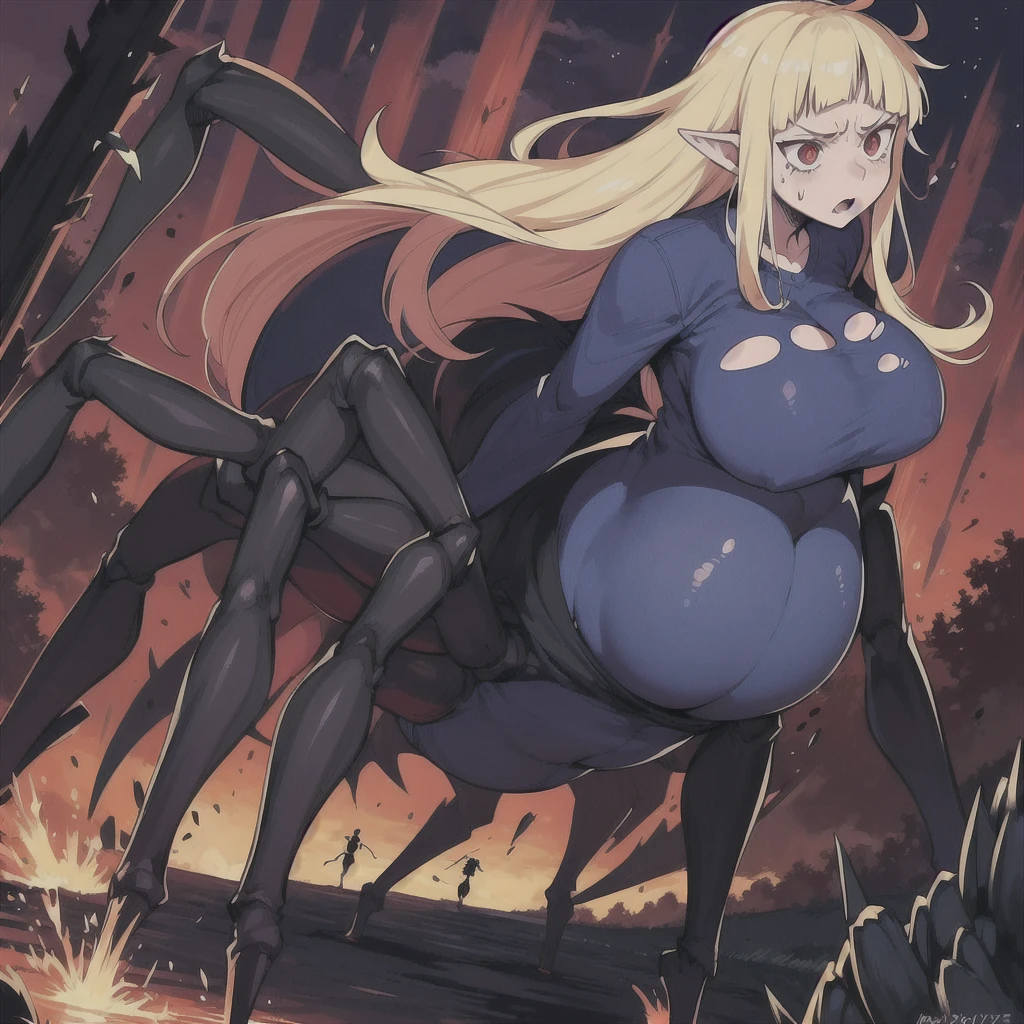 Best quality, Anime style, 1girl, 12 years pregnant, arachne, long legs, helltaker, huge abdomen, looking straight, red eyes, blue fur, torn off clothes, huge body, angry emotions, outdoors, midnight. 