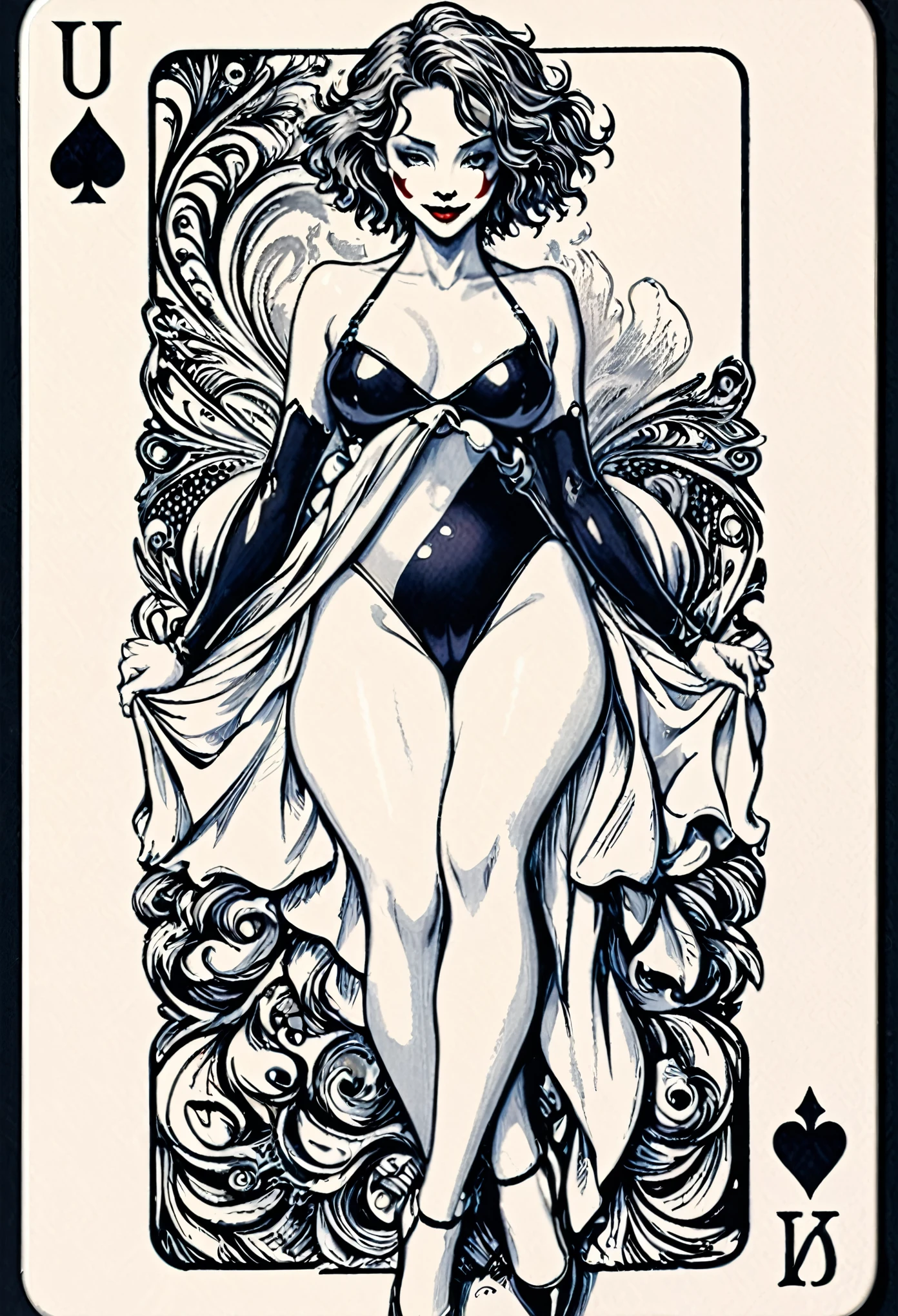 (highest quality、Black and White:0.37)、Joker design of playing cards、(buffoon、Beautiful woman、Ideal proportions)、