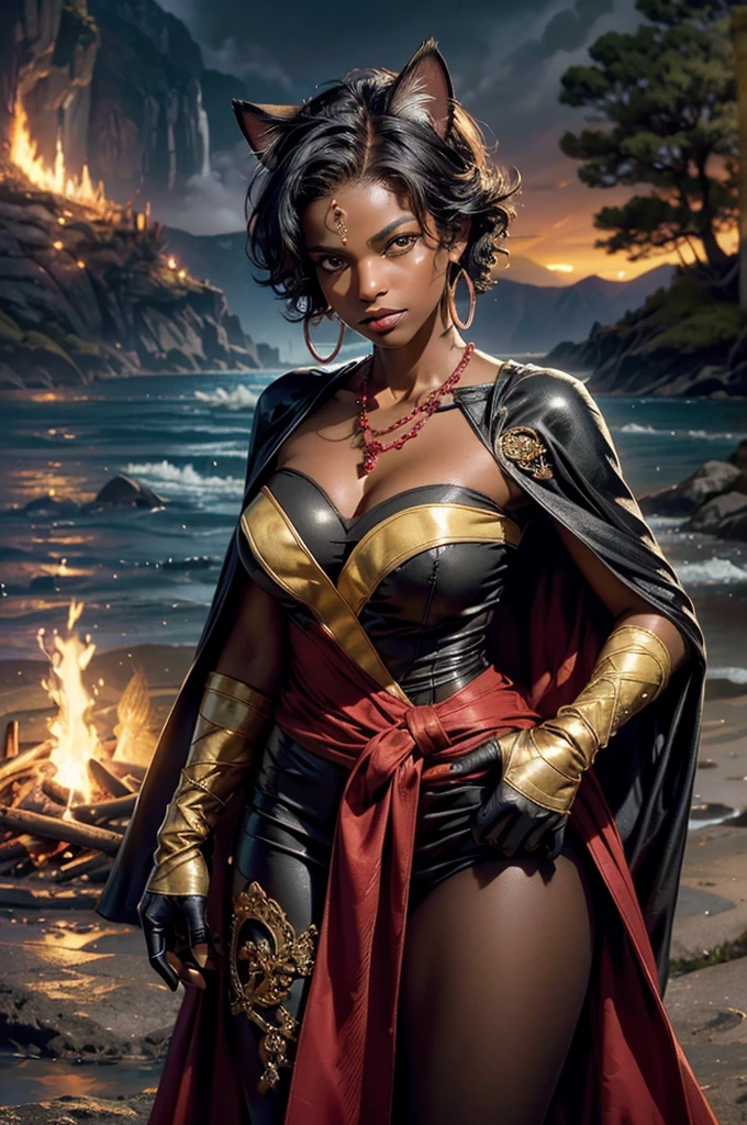 (masterpiece,stunning girlfriend, (standing:1.1), dynamic pose, heart shaped face, elegant face, beautiful face, highly detailed face, highres, masterpiece,best quality,original,extremely detailed CG,extremely detailed wallpaper,perfect lighting,looking at viewer,bare hands,1girl, SiennaKhan,short hair,black hair,animal ears,yellow eyes,cat ears,dark skin,dark-skinned female,gloves,jewelry,earrings,cape,facial mark,cleavage cutout,hoop earrings, standing, outside castle, river, mountain, crowd, (crowd in military uniforms), bonfire, closed mouth, serious look, serious expression, looking at viewer,
