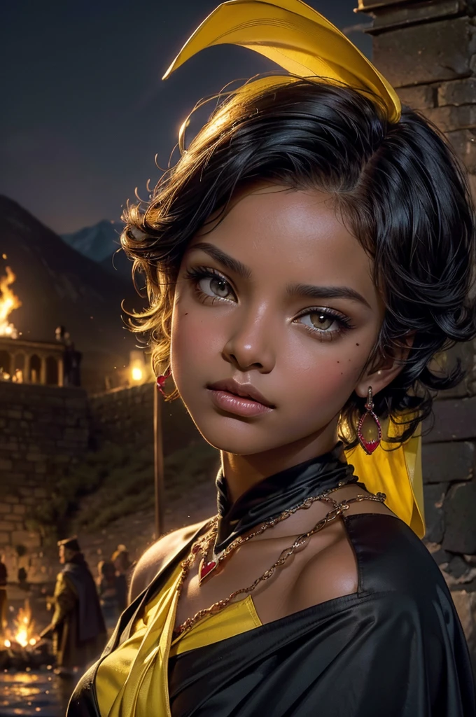 (masterpiece,stunning girlfriend, (standing:1.1), dynamic pose, heart shaped face, elegant face, beautiful face, highly detailed face, highres, masterpiece,best quality,original,extremely detailed CG,extremely detailed wallpaper,perfect lighting,looking at viewer,bare hands,1girl, SiennaKhan,short hair,black hair,animal ears,yellow eyes,cat ears,dark skin,dark-skinned female,gloves,jewelry,earrings,cape,facial mark,cleavage cutout,hoop earrings, standing, outside castle, river, mountain, crowd, (crowd in military uniforms), bonfire, closed mouth, serious look, serious expression, looking at viewer,
