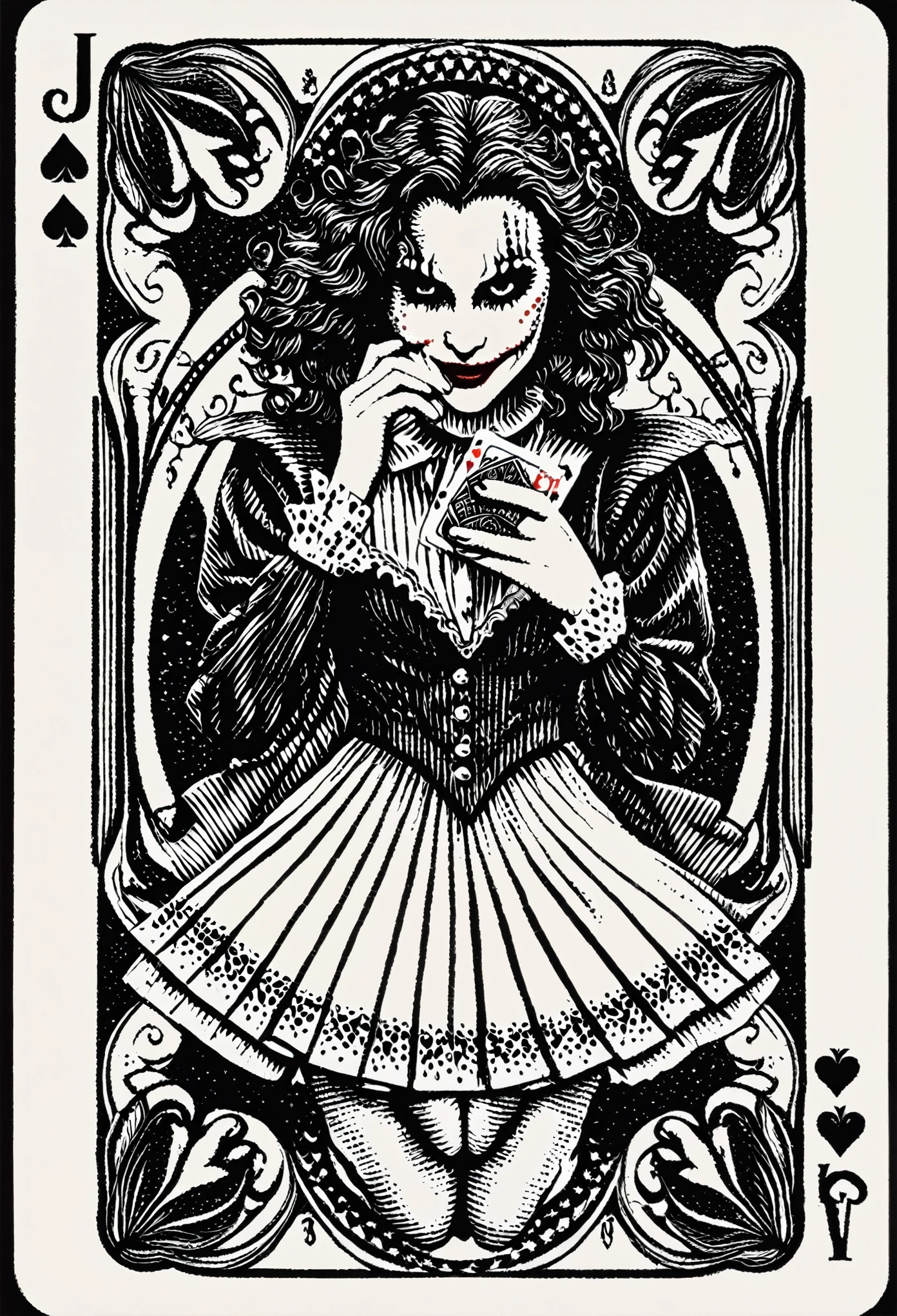 (highest quality、Black and White:1.37)、Joker design of playing cards、(buffoon、Beautiful woman、Ideal proportions)、Remove Color