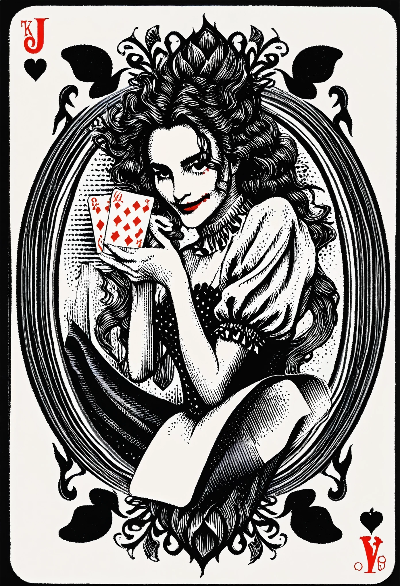 (highest quality、Black and White:1.37)、Joker design of playing cards、(buffoon、Beautiful woman、Ideal proportions)、Remove Color