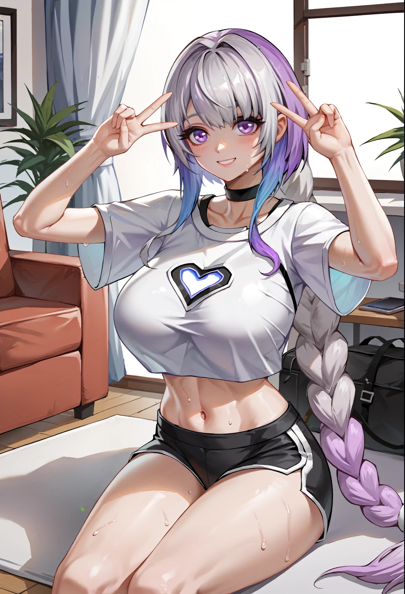 ((super detail)), score_9,score_8_up,score_7_up, yinji,1girl,solo,purple_hair,purple_eyes,very_long_hair,grey_hair,braided_ponytail,large_breasts,gradient_hair, 35 years old, soft expression, sweat, detail face, smile, happy, makes a V-sign with both hands, arms up, sitting, flooring, living room, (detail eyes)