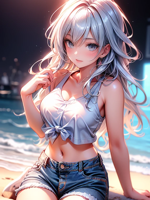 cute girl, masterpiece: 1.2, highest quality, 16k, ultra-realistic, photorealistic: 1.37, beautiful detailed, cute girl, picking up a conch shell, sitting in wariza on the sandy beach, (bikini tops+white t-shirt, the hem is tied above the hips:1.2,seethrough bikini , denim shorts), middle breasts, through bangs, long eyelash, sparkling eyes, shining rosy lips, beautiful and delicate (hair, face, eyelash, eyes, pupils, lips, hands, thigh), Perfectly proportions body, cute realistic face